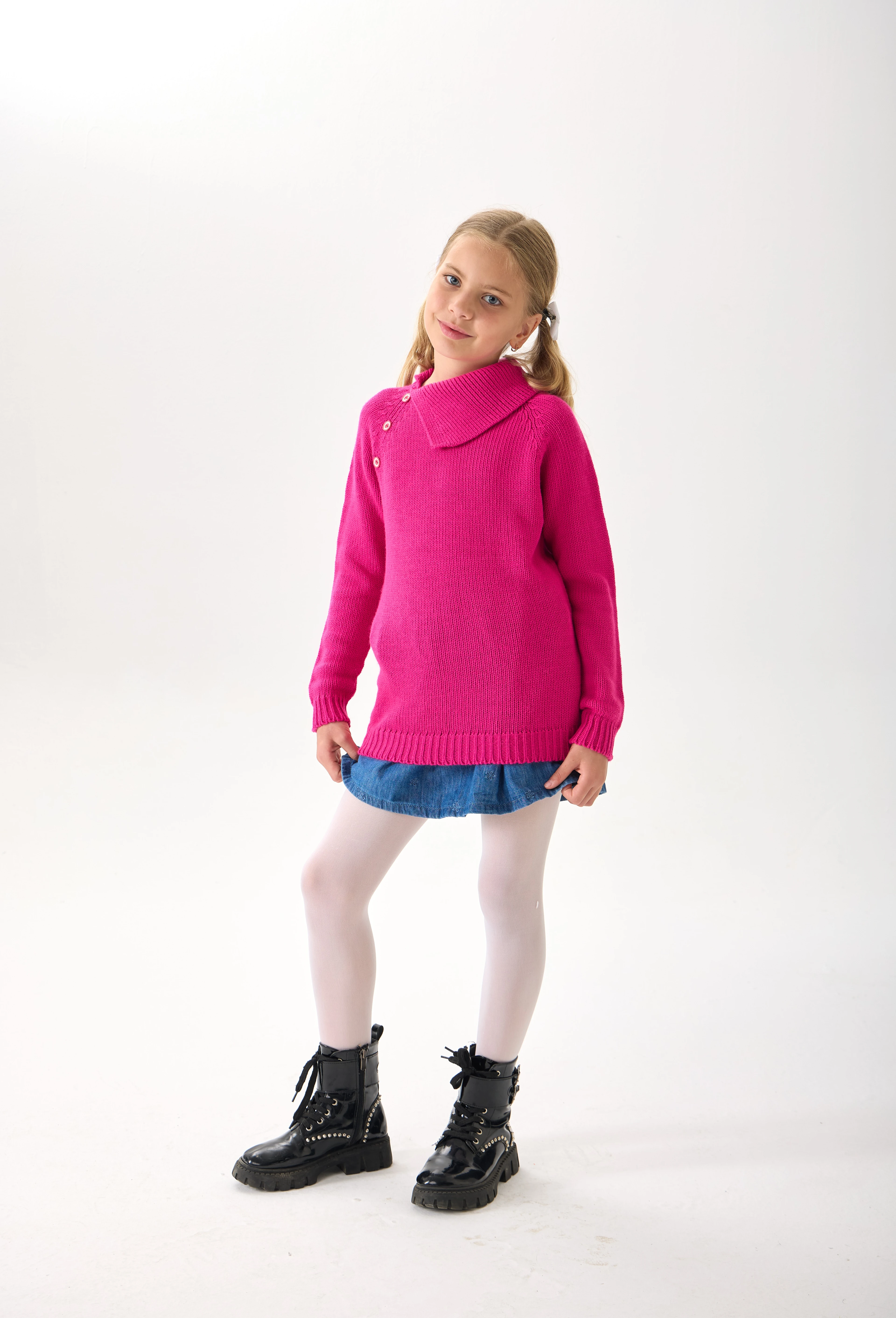 Kız Çocuk Triko Kazak - Düğme Detaylı Geniş Yaka ve Uzun Kollu Model - Pembe