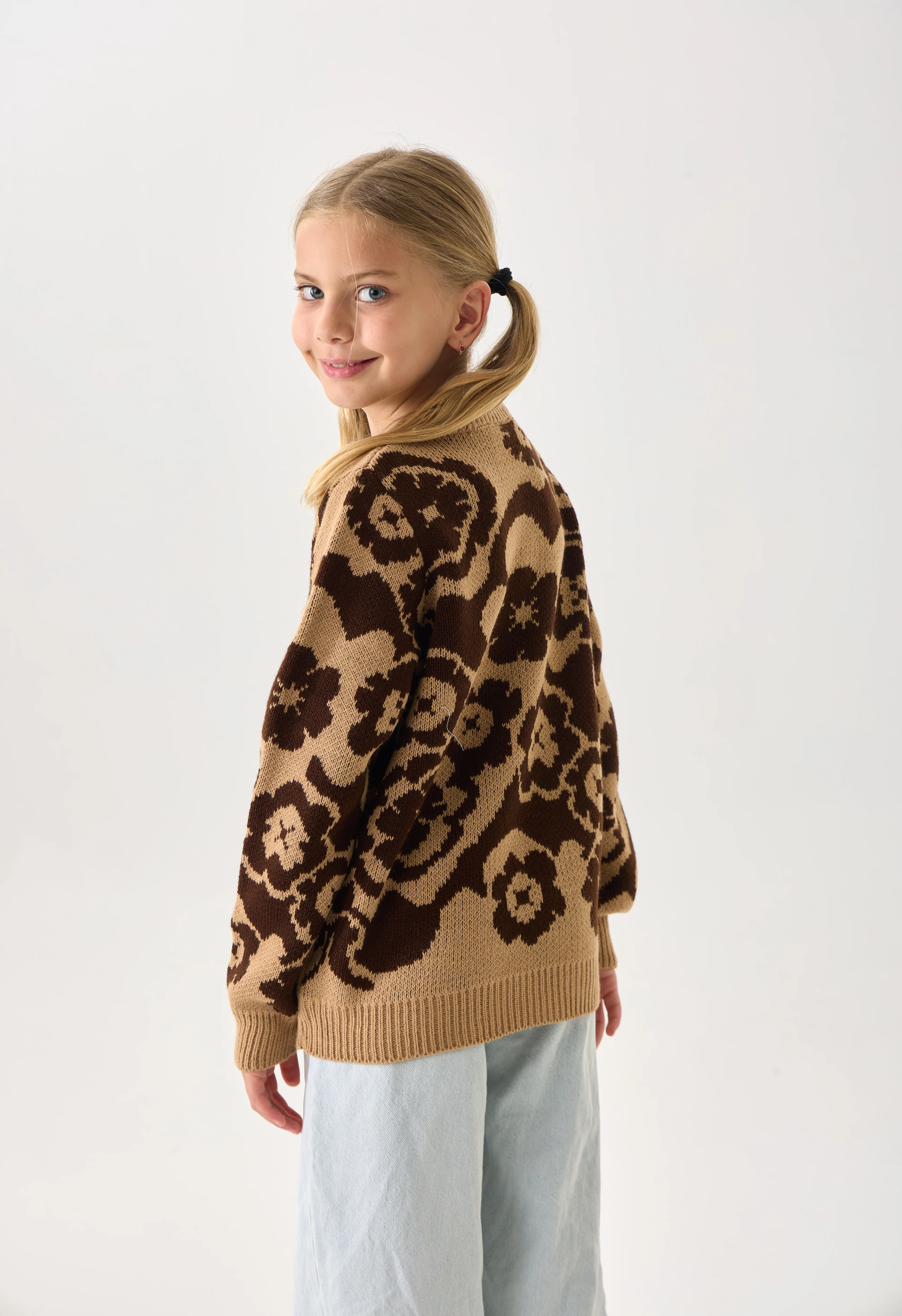 Çiçek Desenli Kız Çocuk Kazak Triko - Coconut