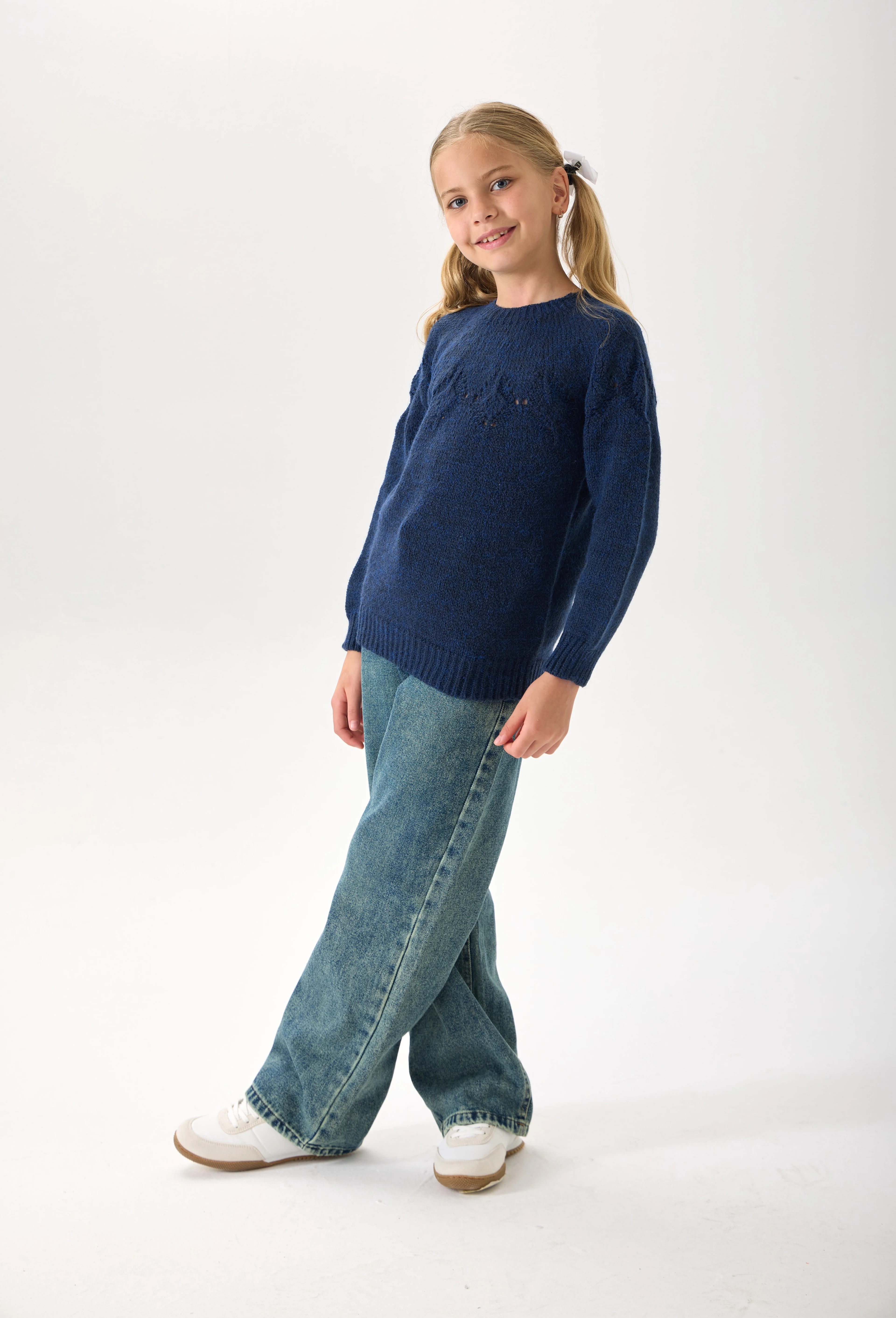 Kız Çocuk Triko Kazak - Bisiklet Yaka ve Uzun Kollu Günlük Model - Lacivert