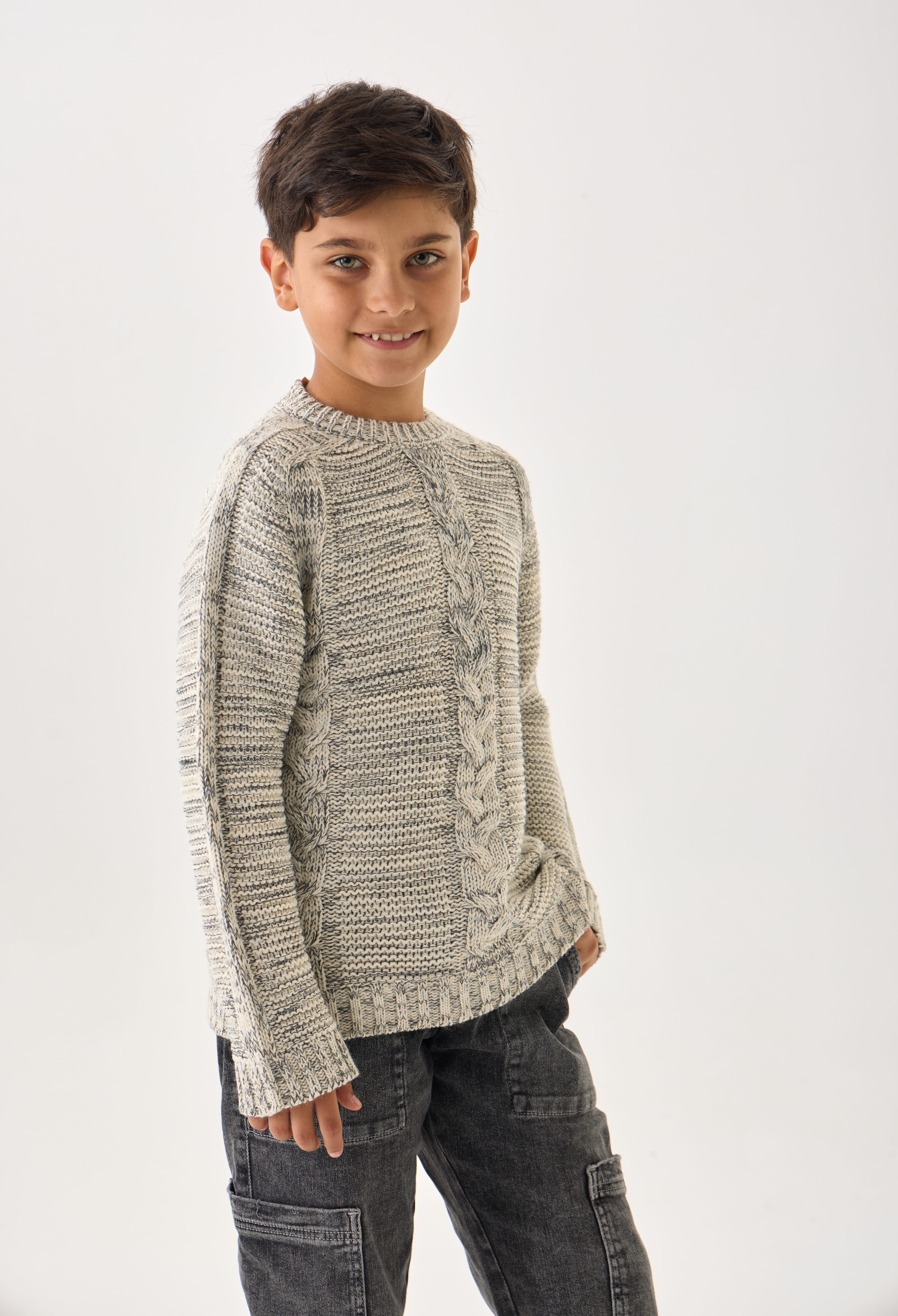 Erkek Çocuk Triko Kazak – Bisiklet Yaka ve Uzun Kollu Günlük Model - Taş