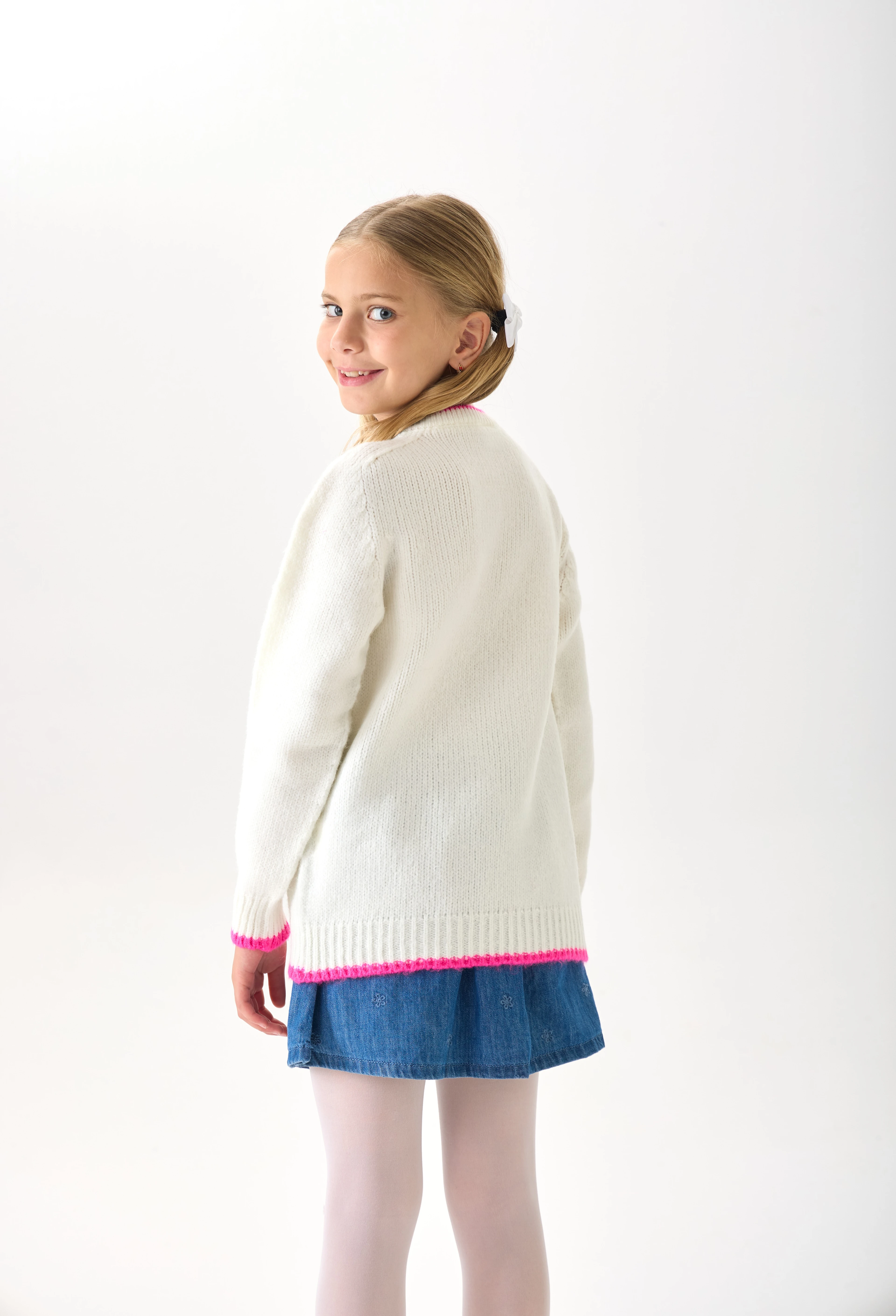  Kelebek Desenli Kız Çocuk Triko Kazak - Yumuşak Dokulu - Ekru