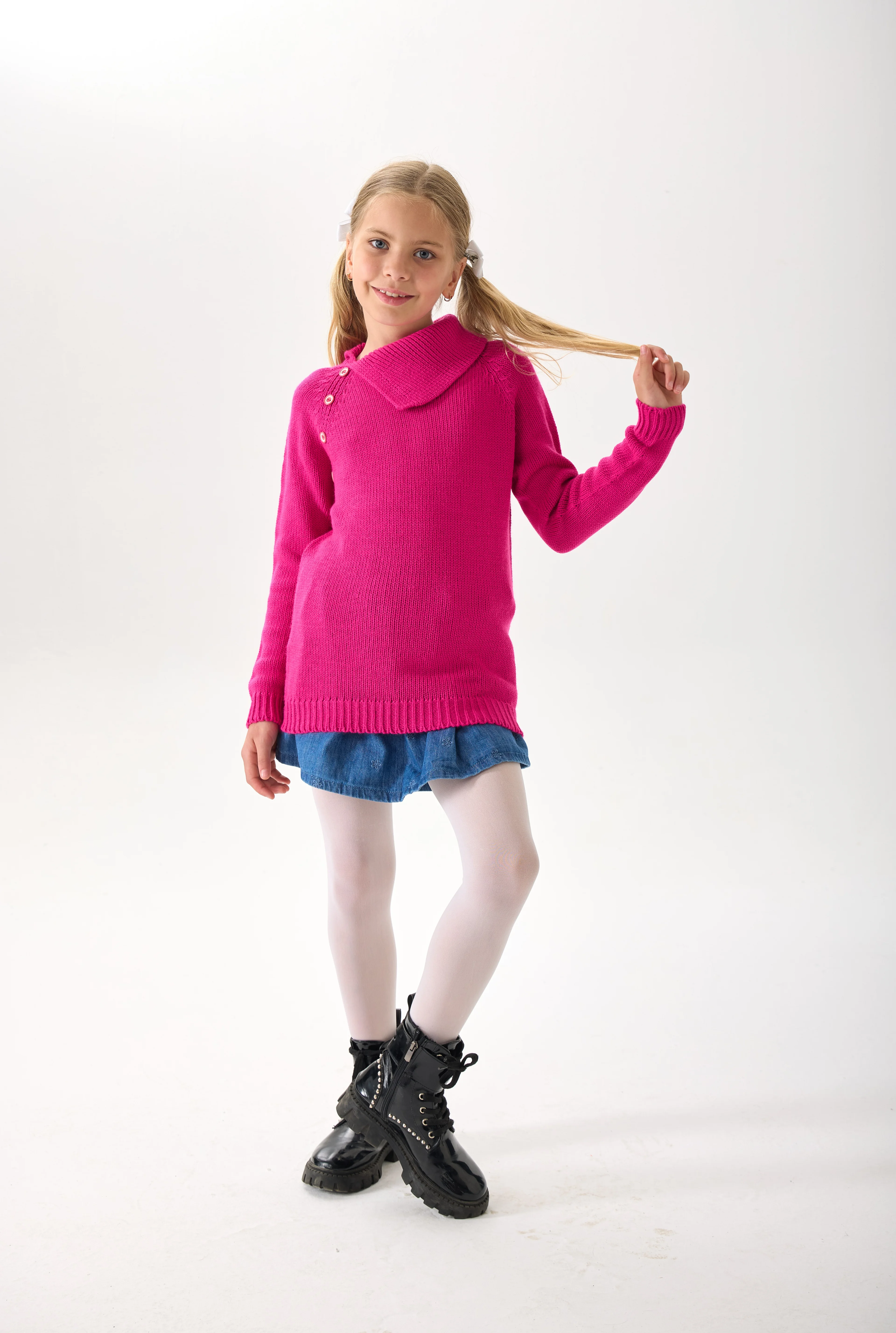 Kız Çocuk Triko Kazak - Düğme Detaylı Geniş Yaka ve Uzun Kollu Model - Pembe