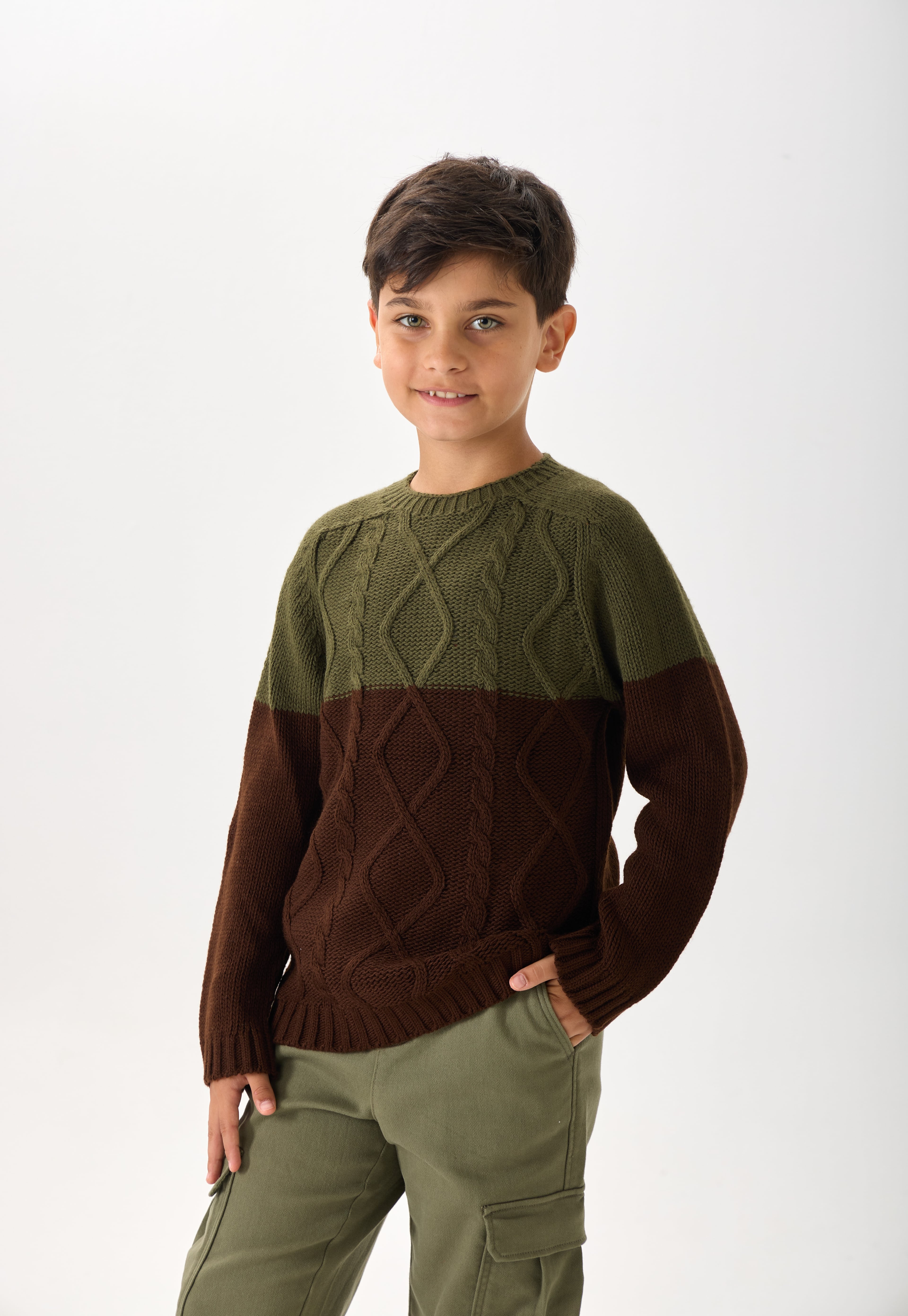 Erkek Çocuk Triko Kazak - Çift Renkli, Bisiklet Yaka ve Uzun Kollu - Haki