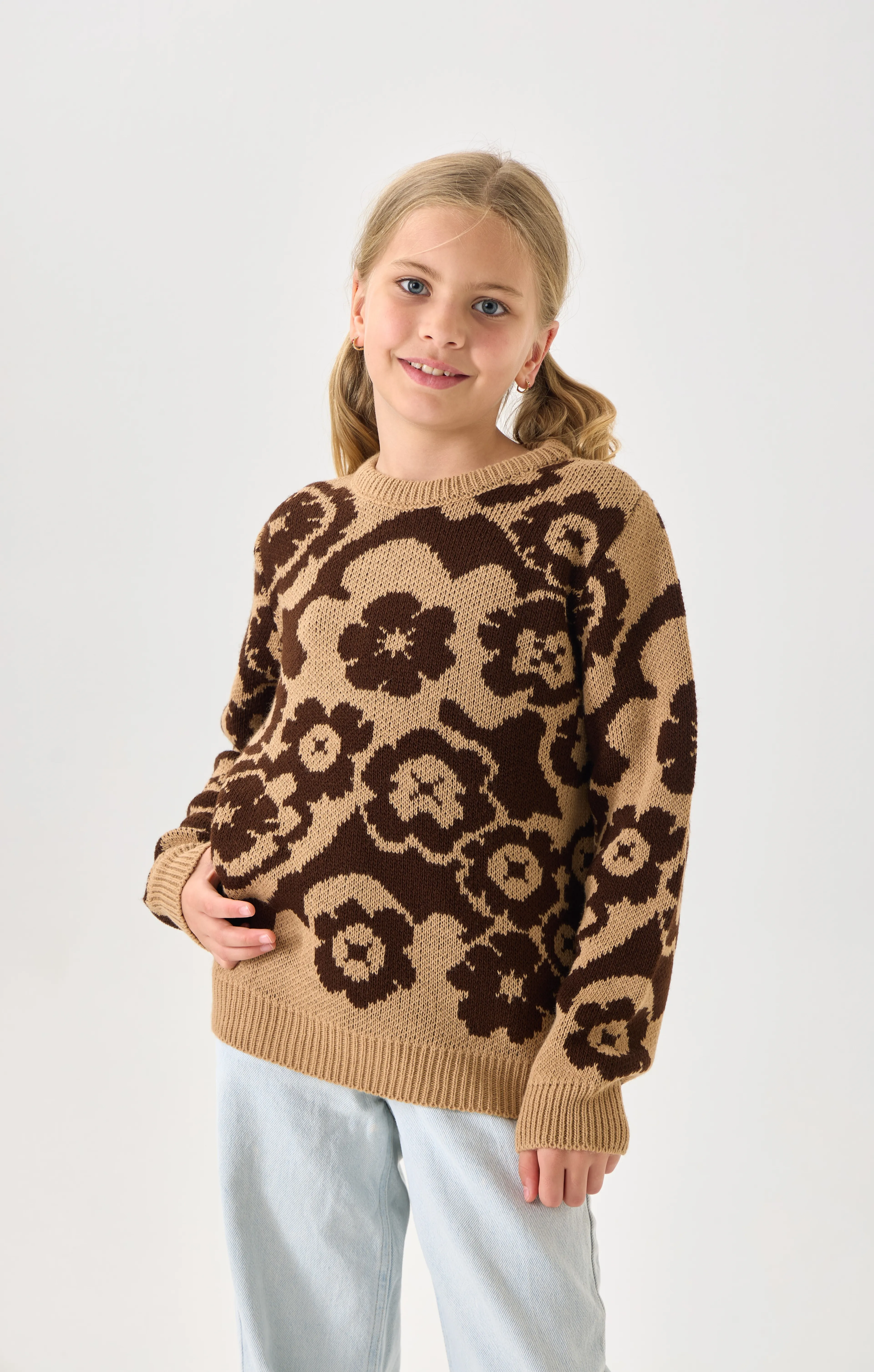 Çiçek Desenli Kız Çocuk Kazak Triko - Coconut