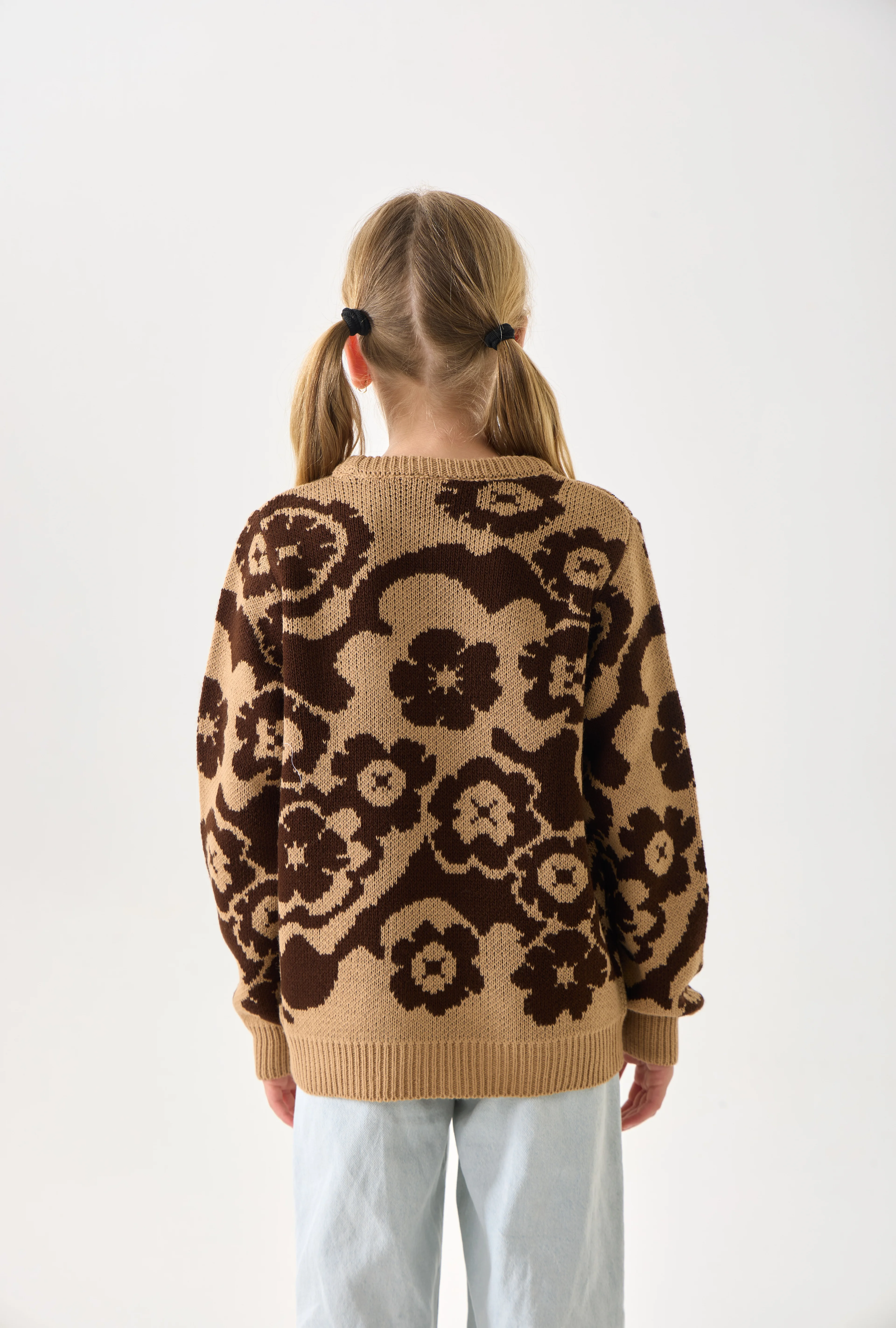 Çiçek Desenli Kız Çocuk Kazak Triko - Coconut