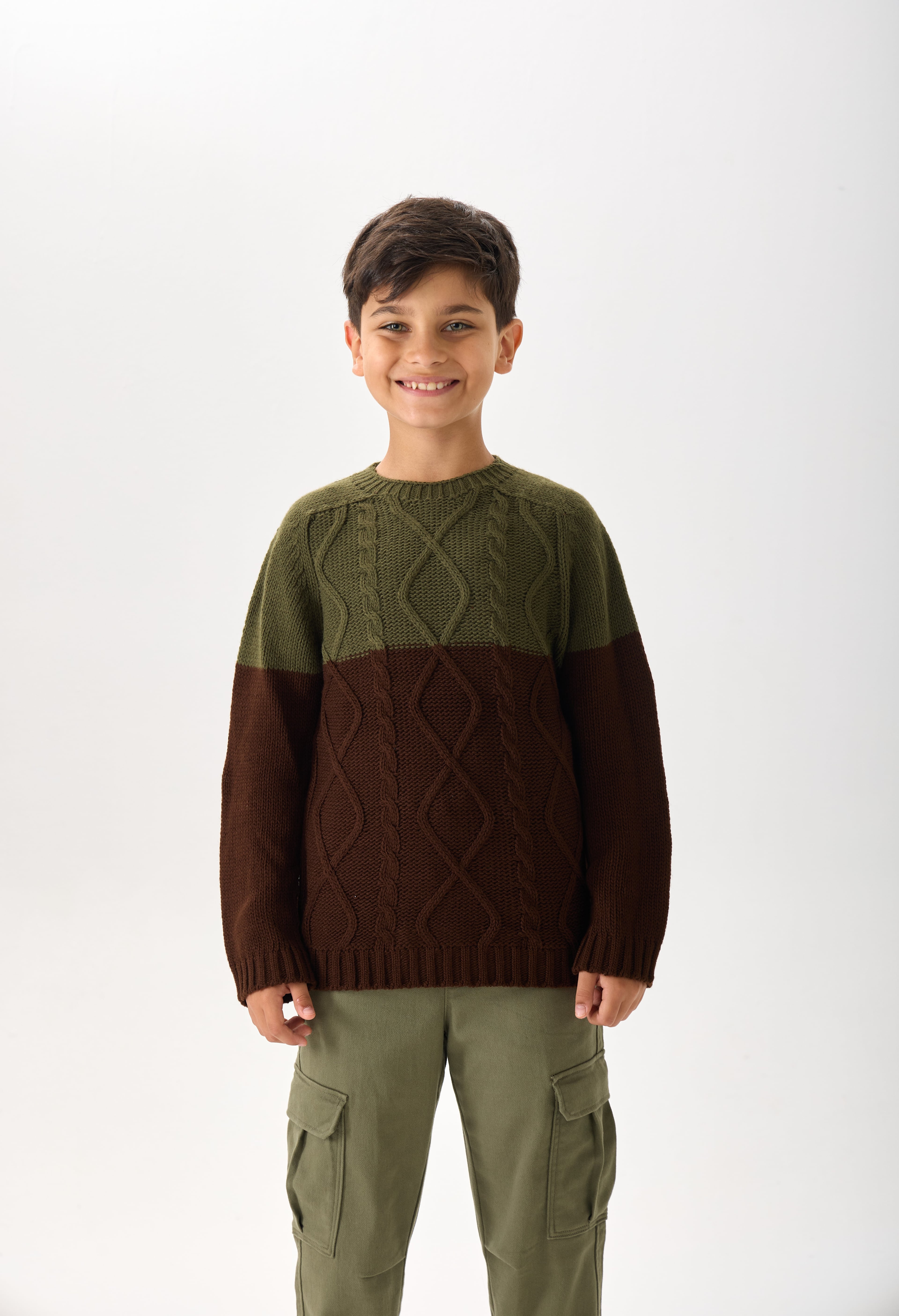 Erkek Çocuk Triko Kazak - Çift Renkli, Bisiklet Yaka ve Uzun Kollu - Haki