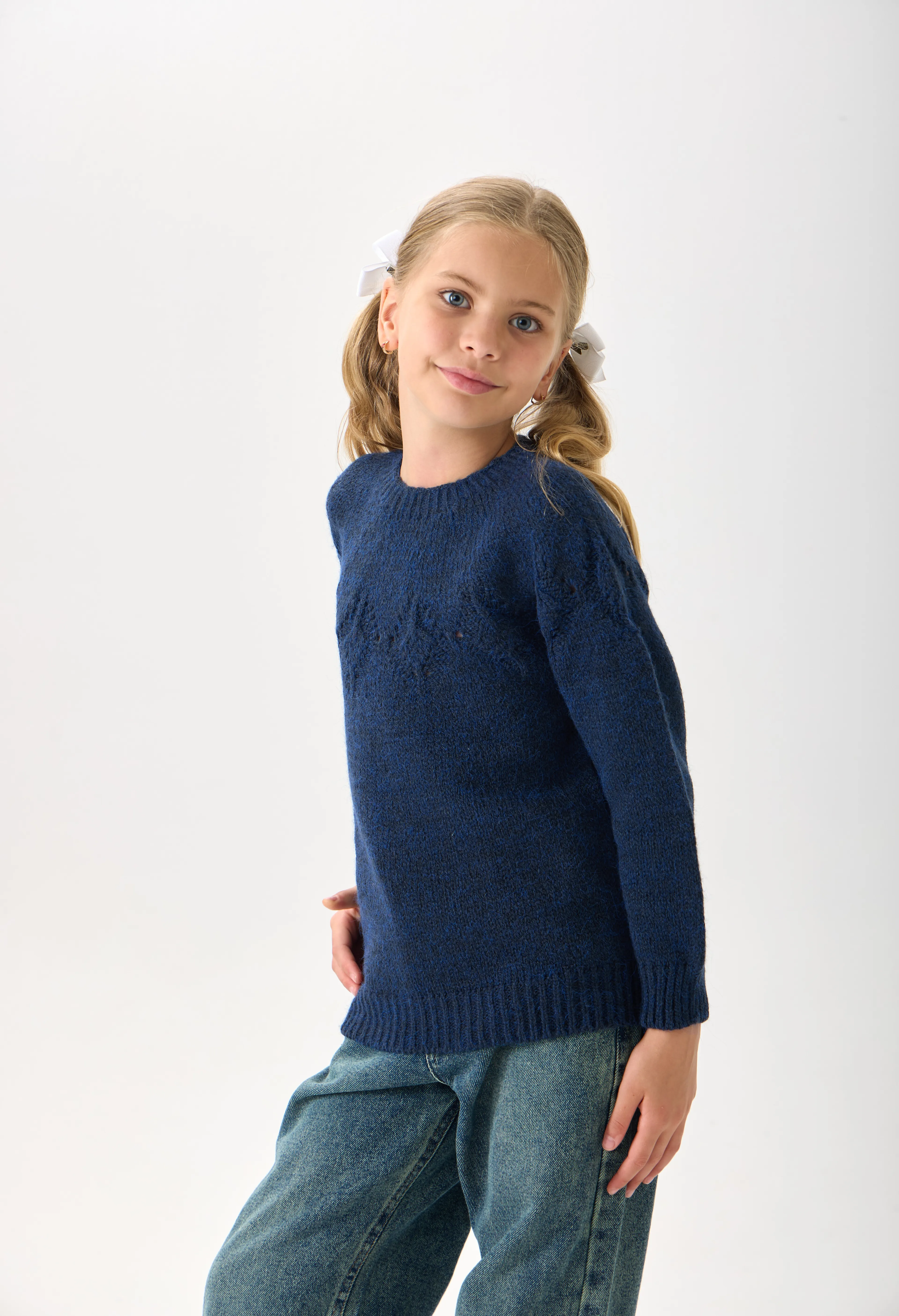 Kız Çocuk Triko Kazak - Bisiklet Yaka ve Uzun Kollu Günlük Model - Lacivert