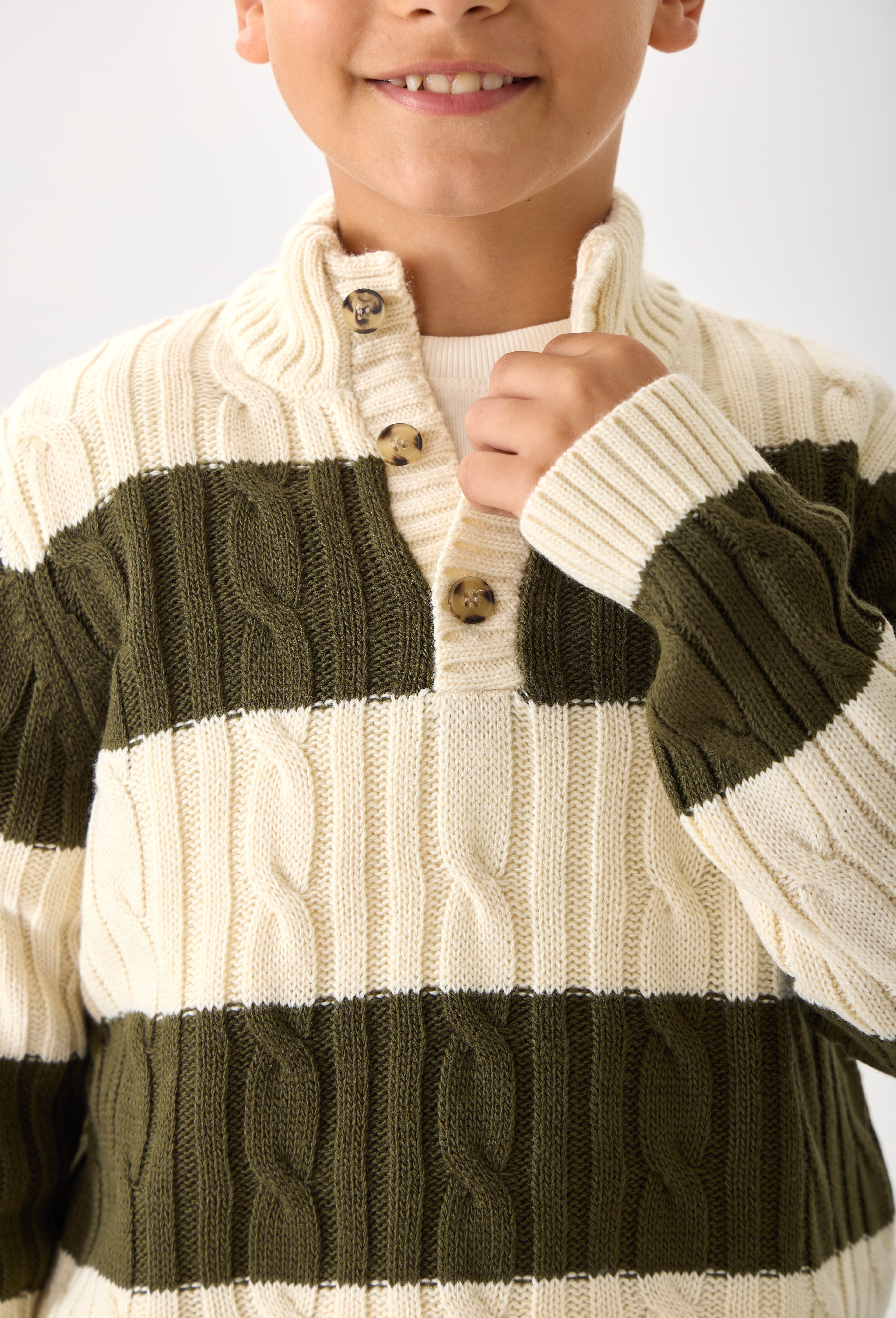 Erkek Çocuk Çizgili Düğmeli Triko Kazak - Haki