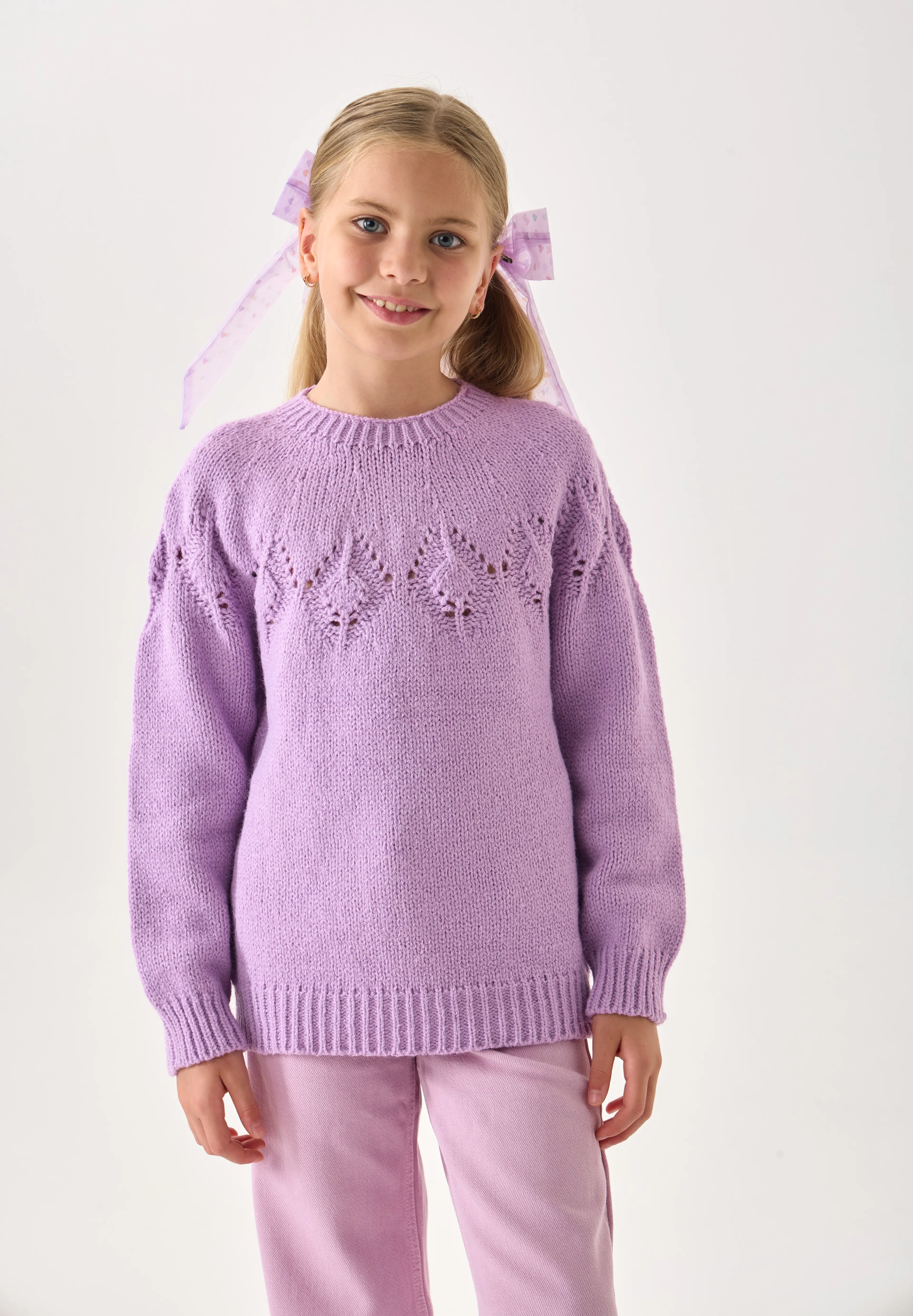 Kız Çocuk Triko Kazak - Bisiklet Yaka ve Uzun Kollu Günlük Model - Lila