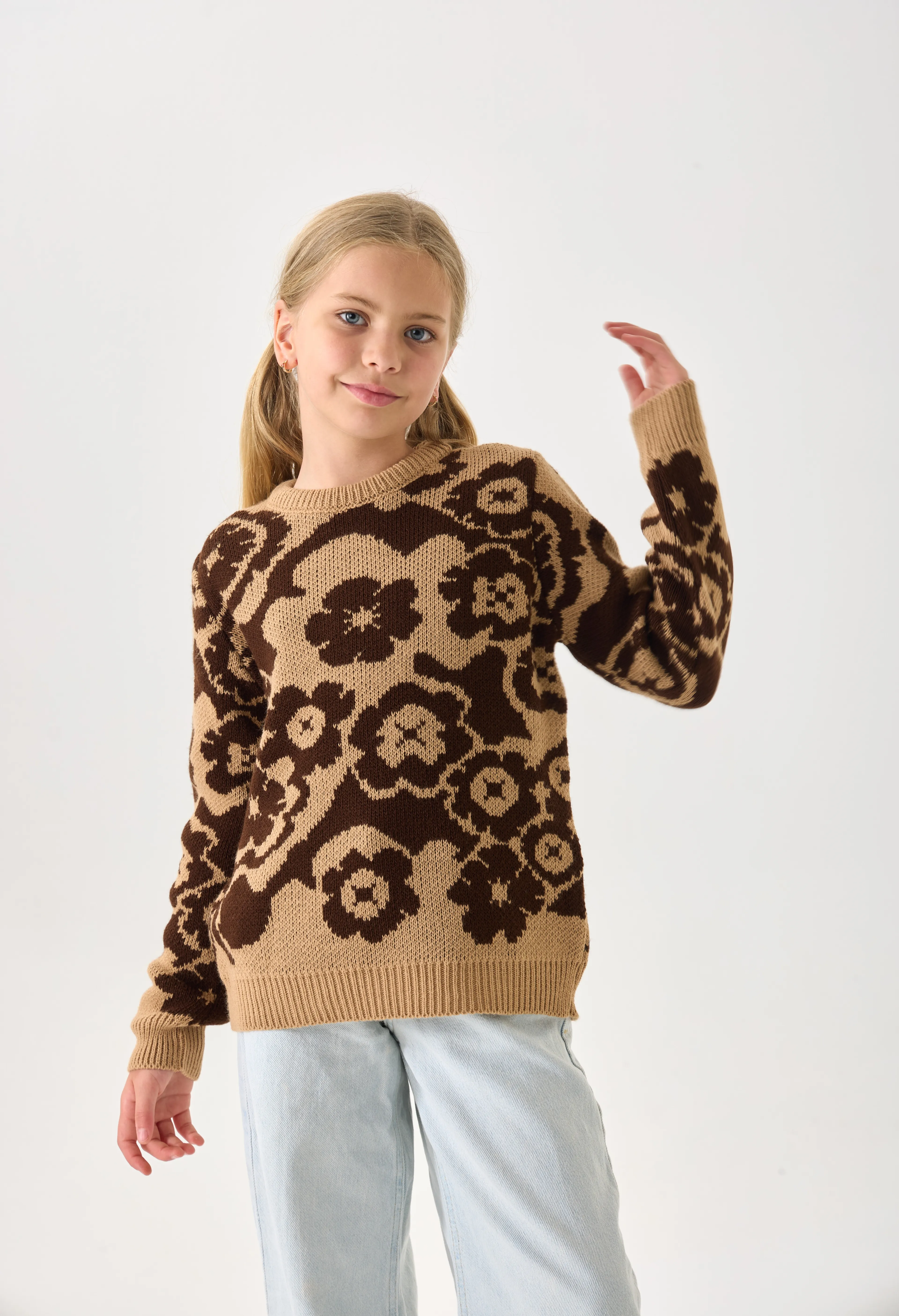 Çiçek Desenli Kız Çocuk Kazak Triko - Coconut