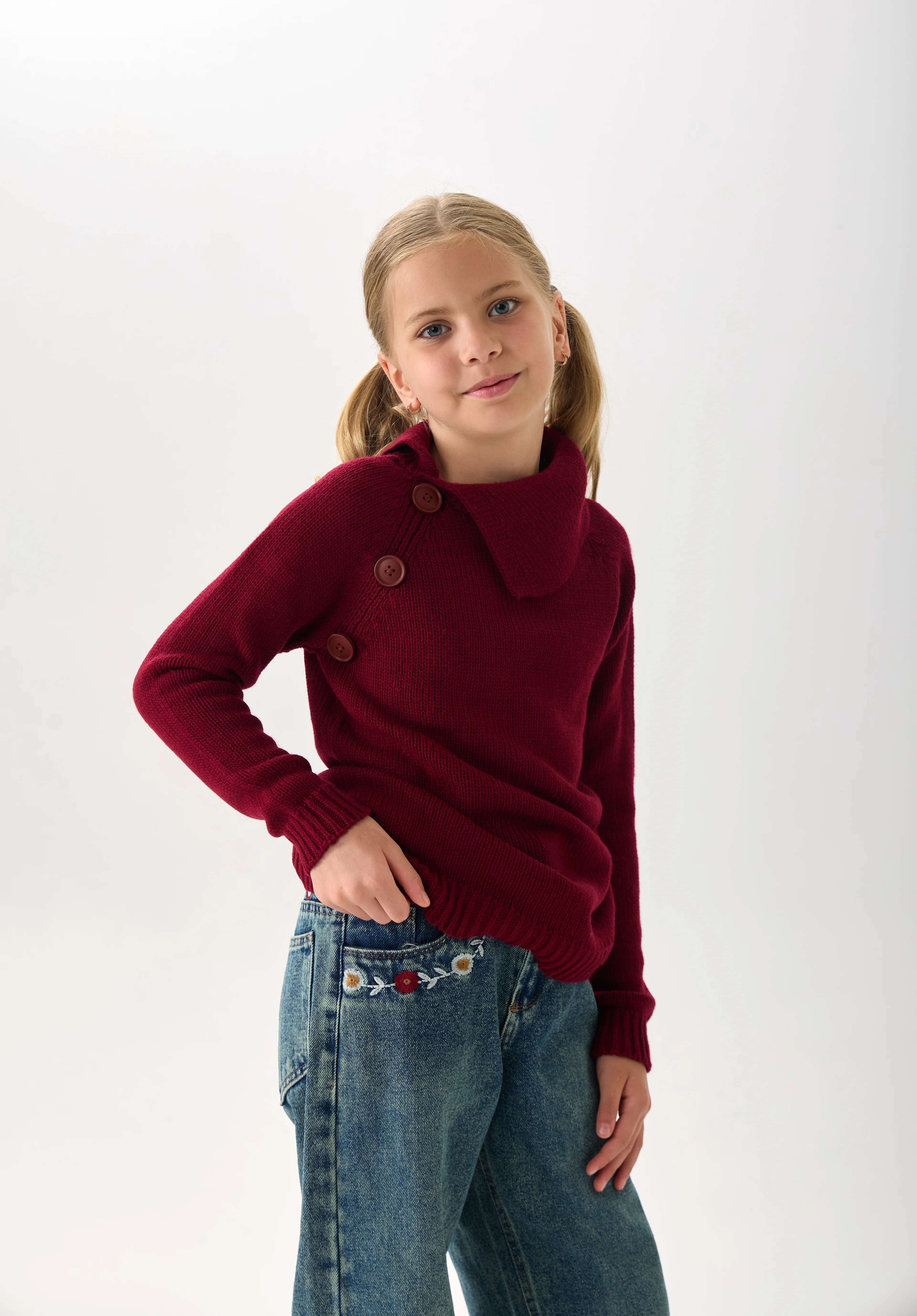 Kız Çocuk Triko Kazak - Düğme Detaylı Geniş Yaka ve Uzun Kollu Model - Bordo