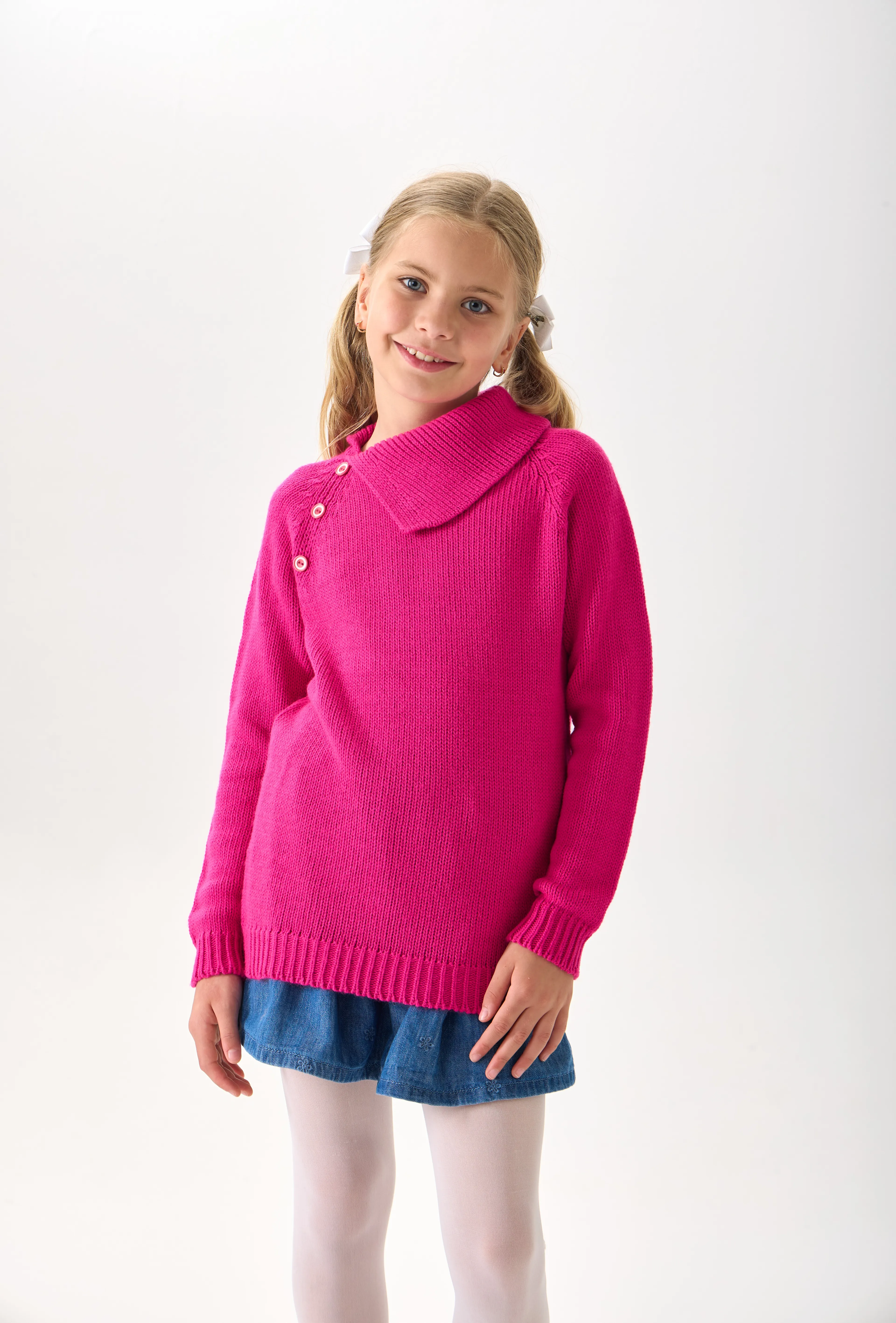 Kız Çocuk Triko Kazak - Düğme Detaylı Geniş Yaka ve Uzun Kollu Model - Pembe