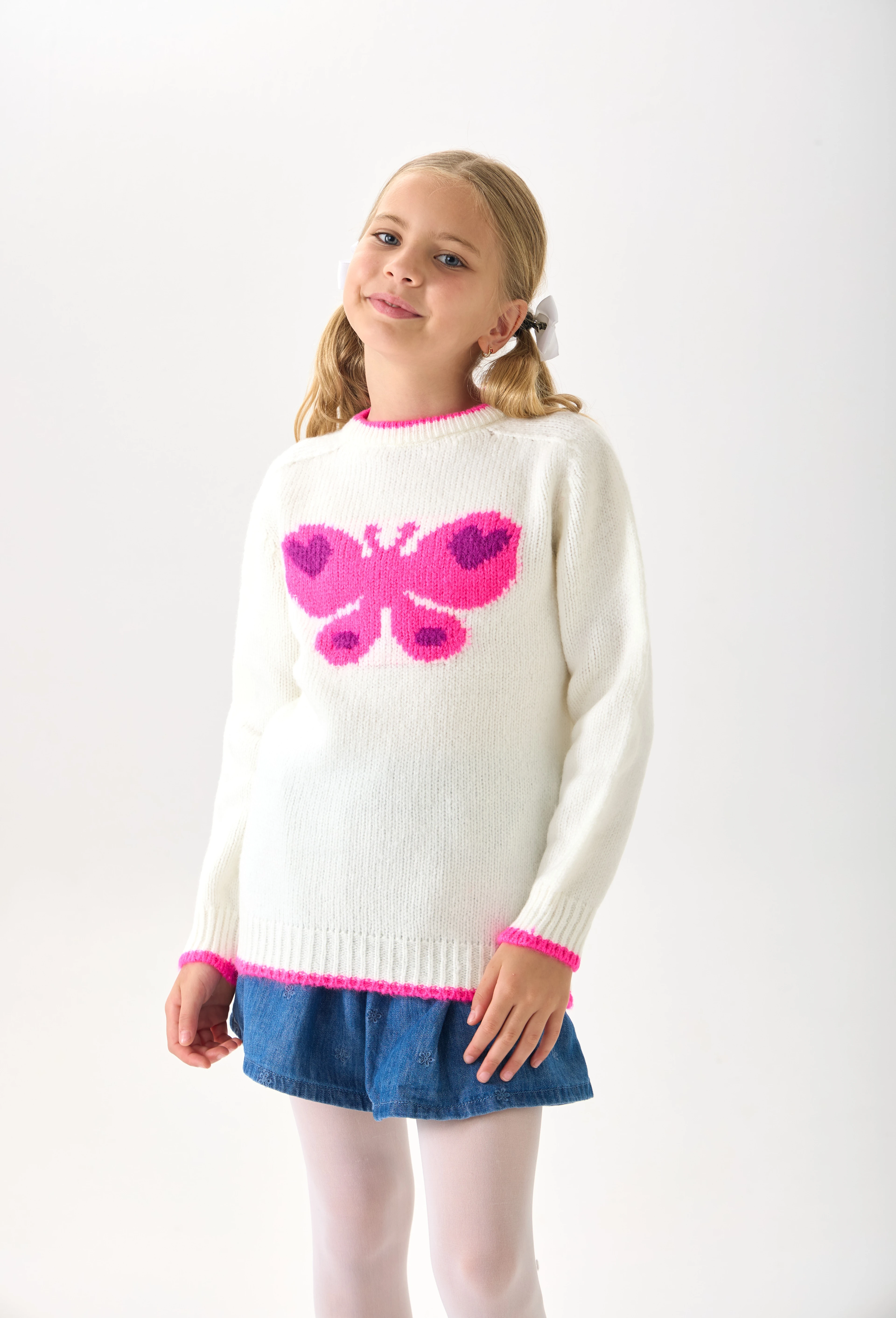  Kelebek Desenli Kız Çocuk Triko Kazak - Yumuşak Dokulu - Ekru