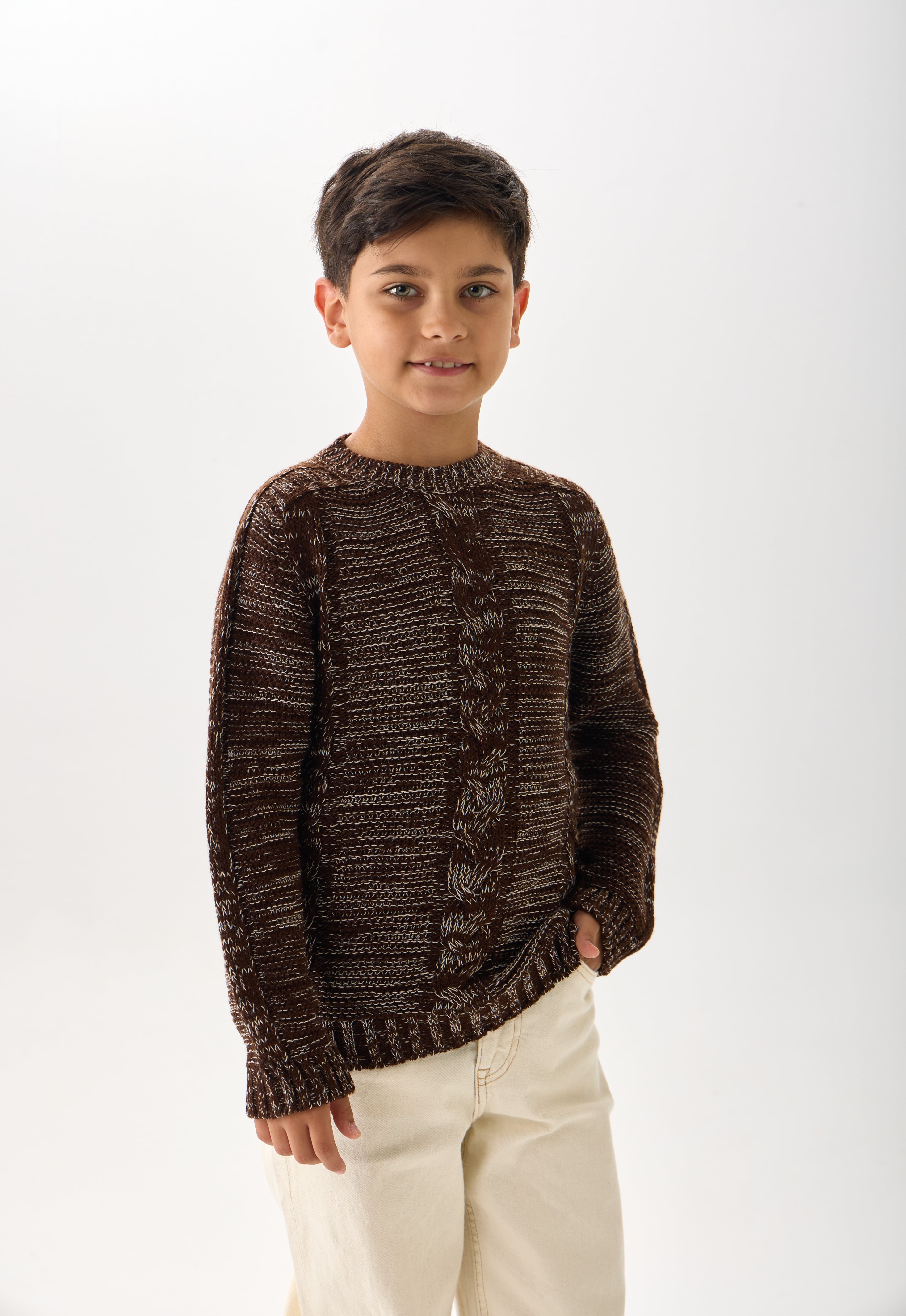 Erkek Çocuk Triko Kazak – Bisiklet Yaka ve Uzun Kollu Günlük Model - Coconut