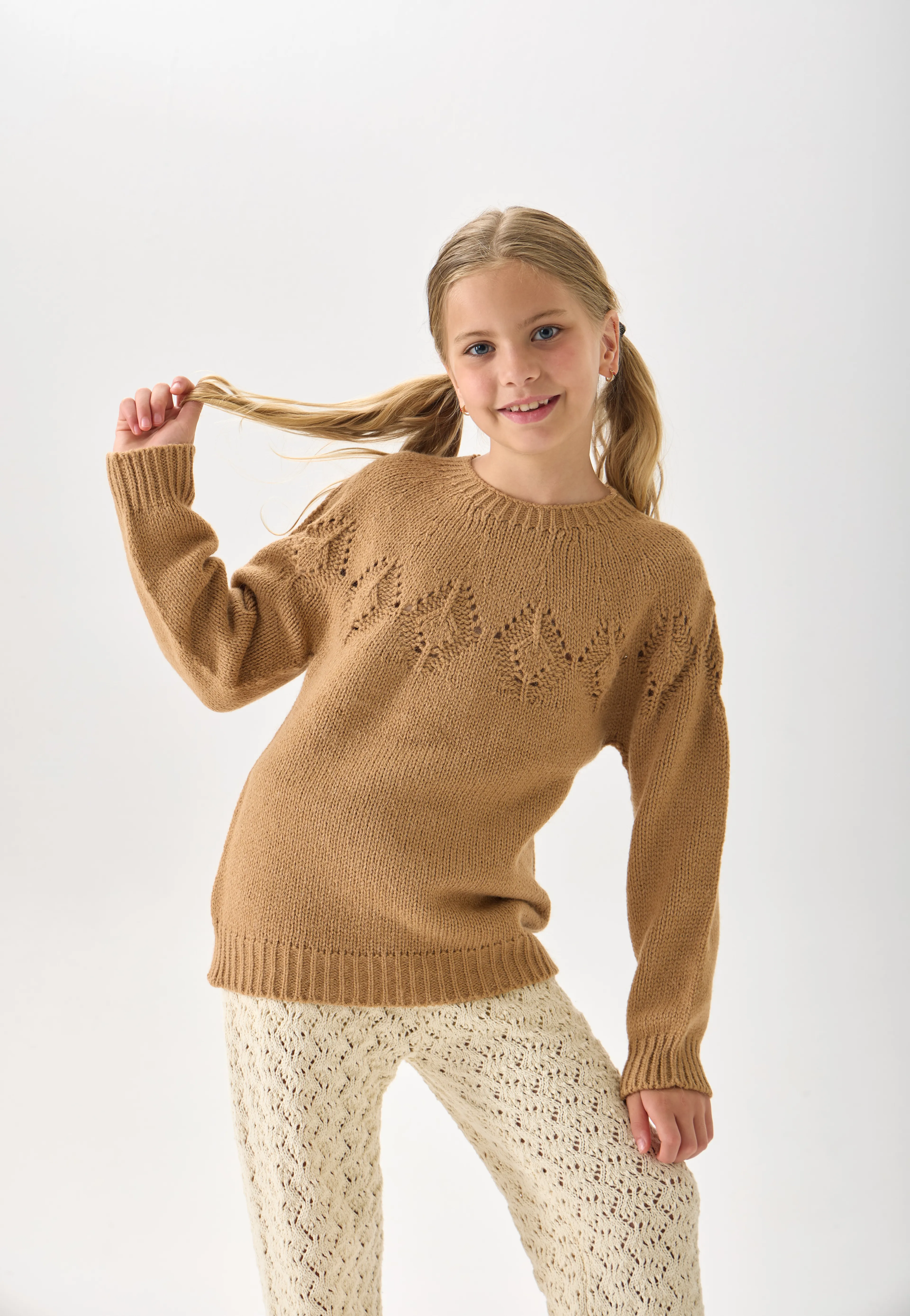 Kız Çocuk Triko Kazak - Bisiklet Yaka ve Uzun Kollu Günlük Model - Camel