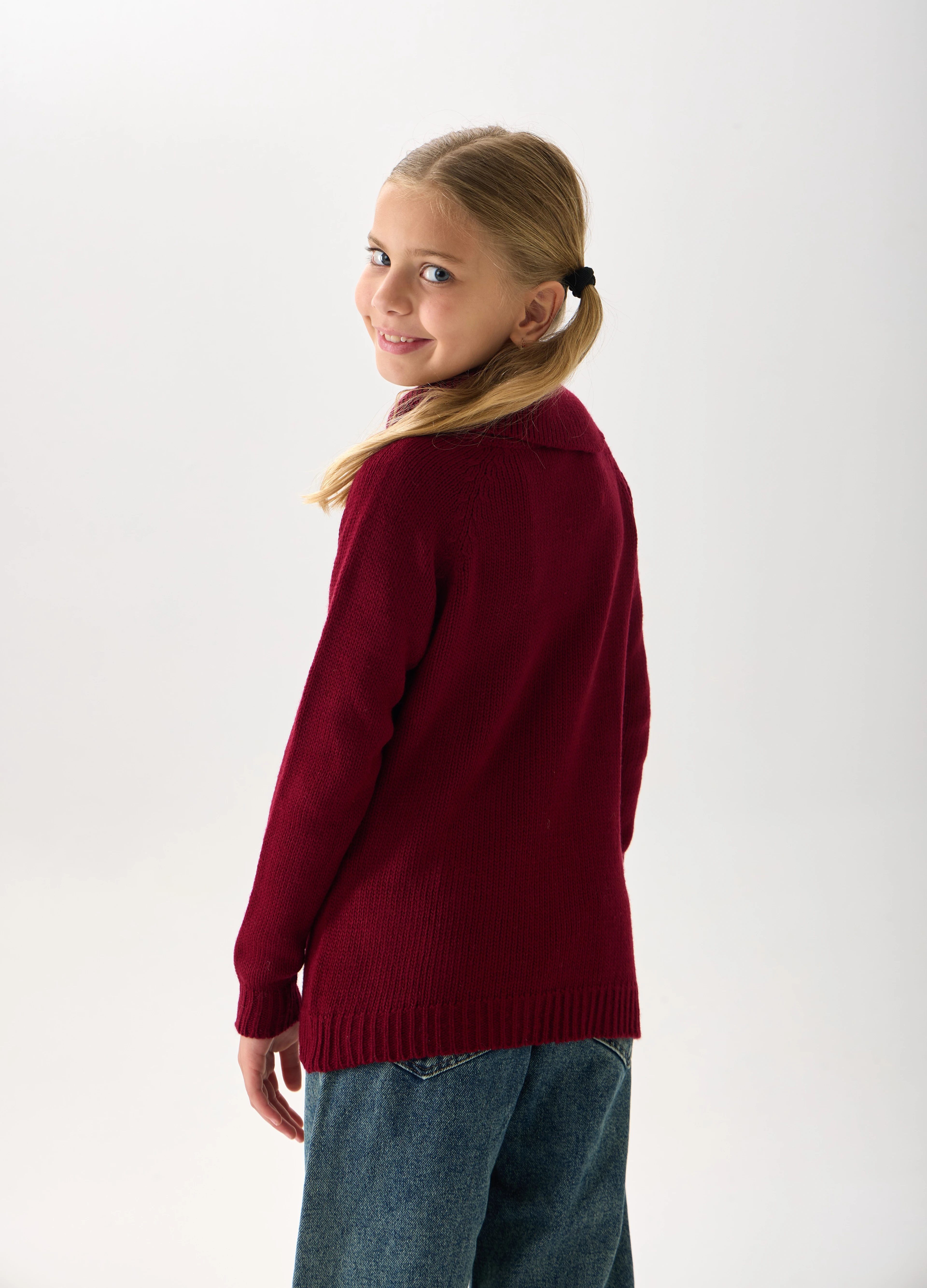 Kız Çocuk Triko Kazak - Düğme Detaylı Geniş Yaka ve Uzun Kollu Model - Bordo