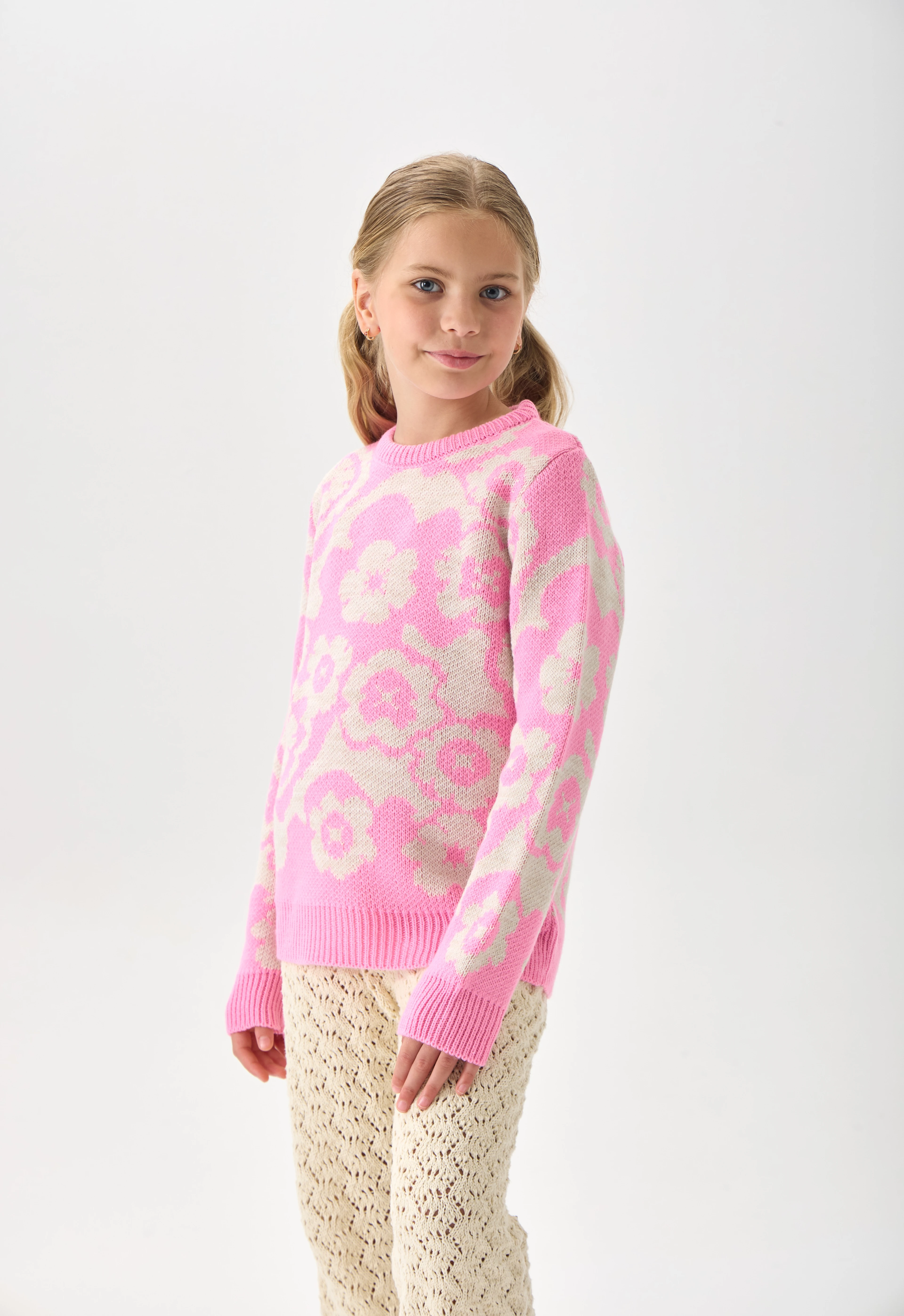 Çiçek Desenli Kız Çocuk Kazak Triko - Pembe