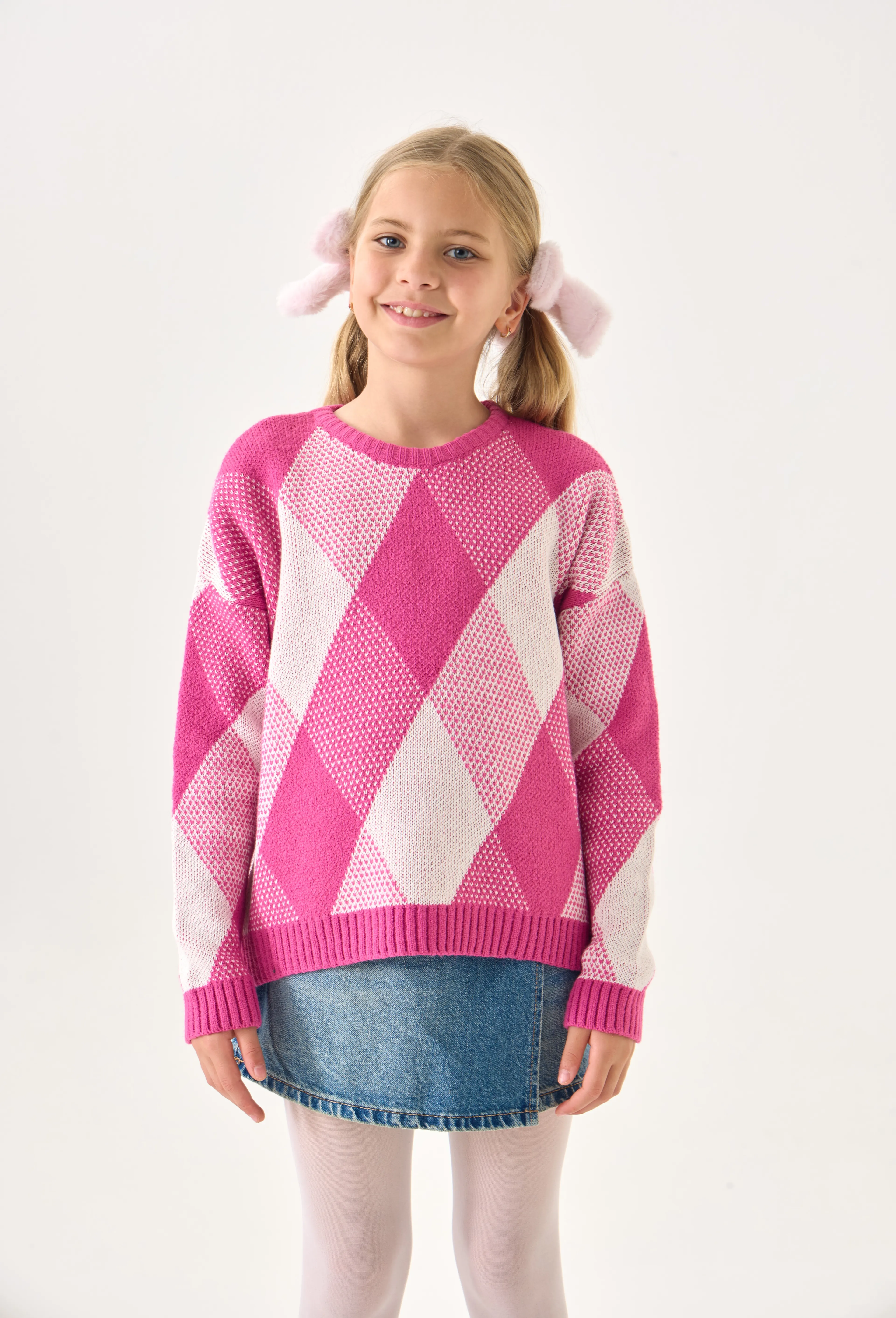 Kız Çocuk Triko Kazak – Baklava Desenli / Uzun Kollu / Bisiklet Yaka - Pembe