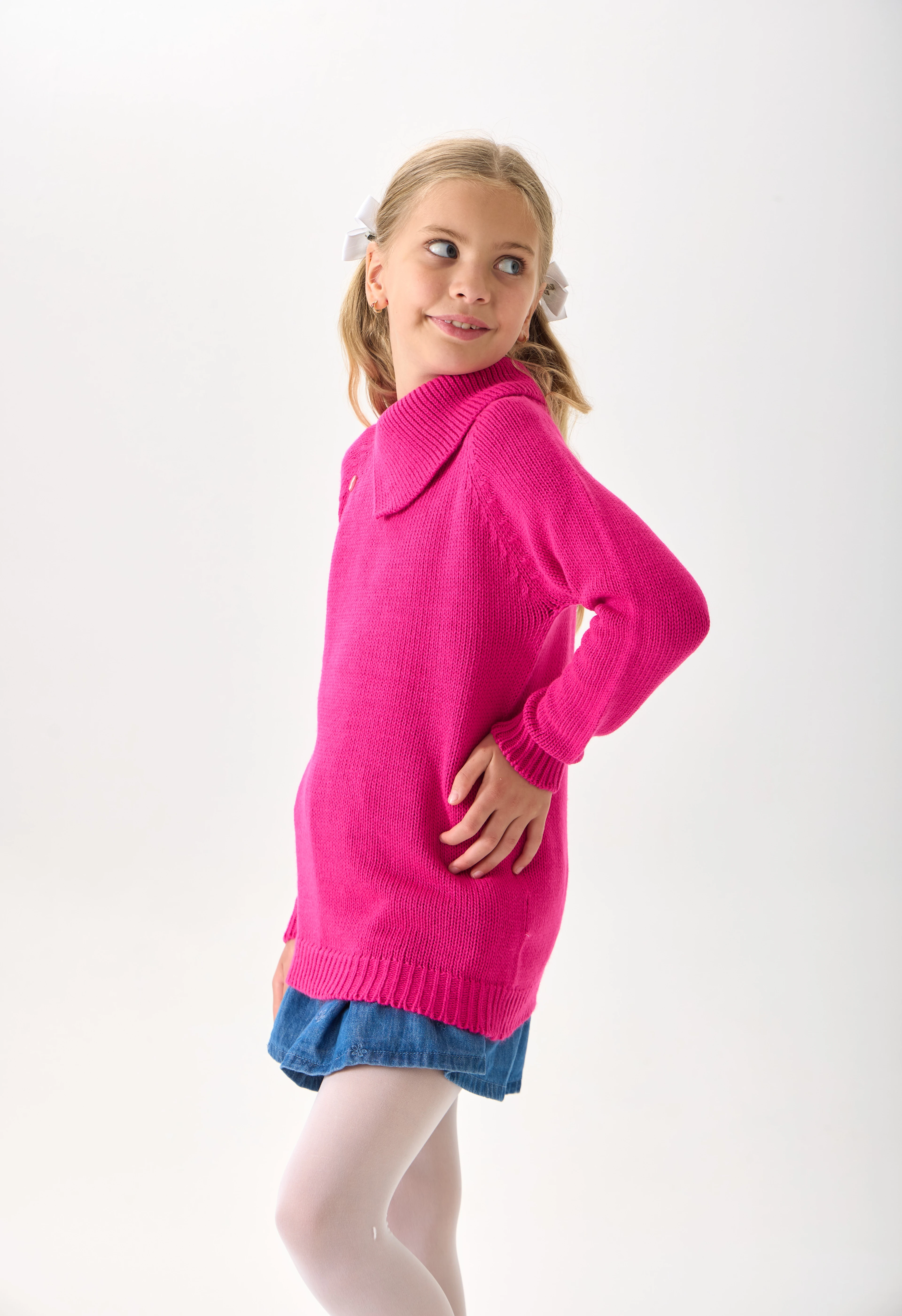 Kız Çocuk Triko Kazak - Düğme Detaylı Geniş Yaka ve Uzun Kollu Model - Pembe