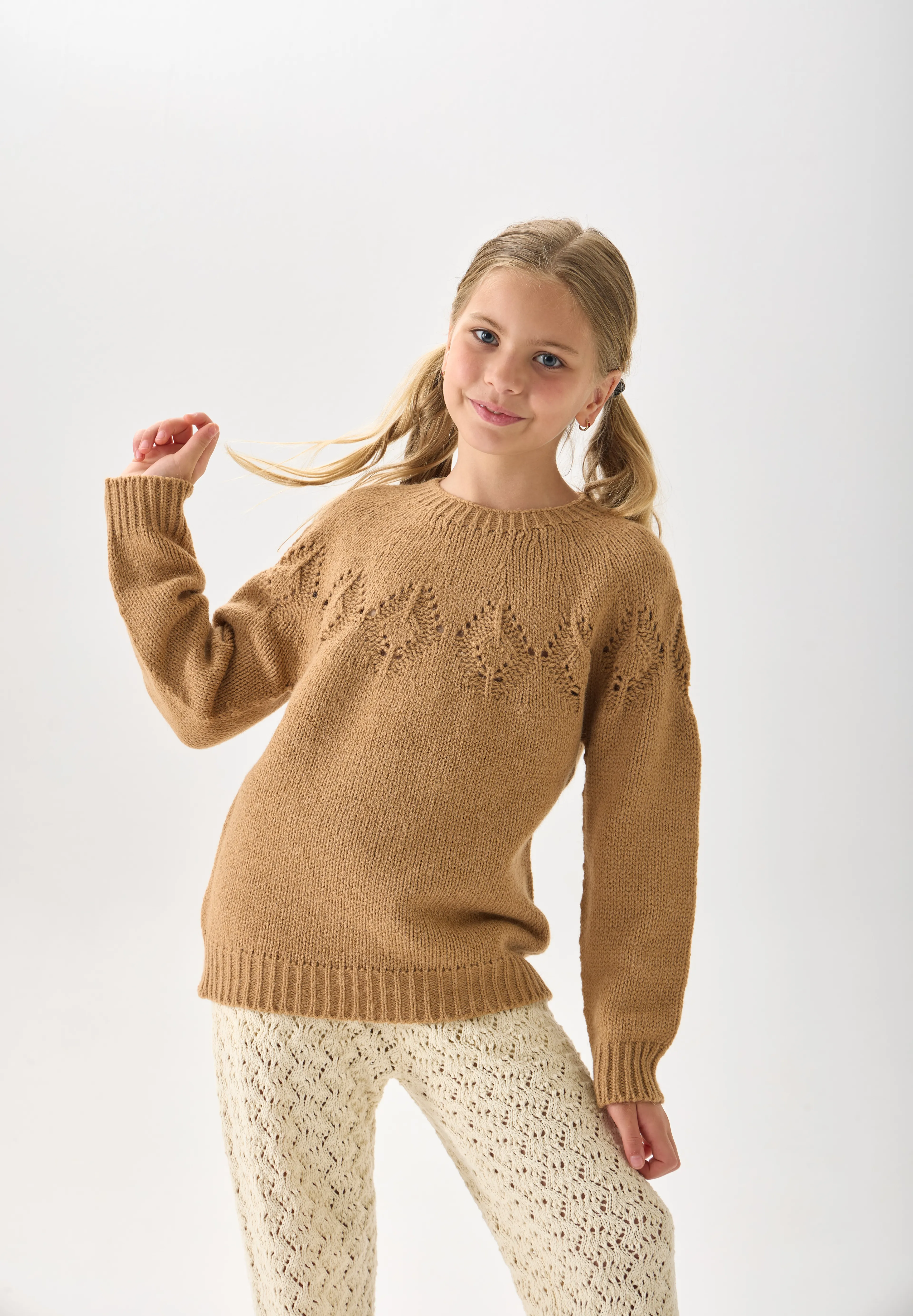 Kız Çocuk Triko Kazak - Bisiklet Yaka ve Uzun Kollu Günlük Model - Camel