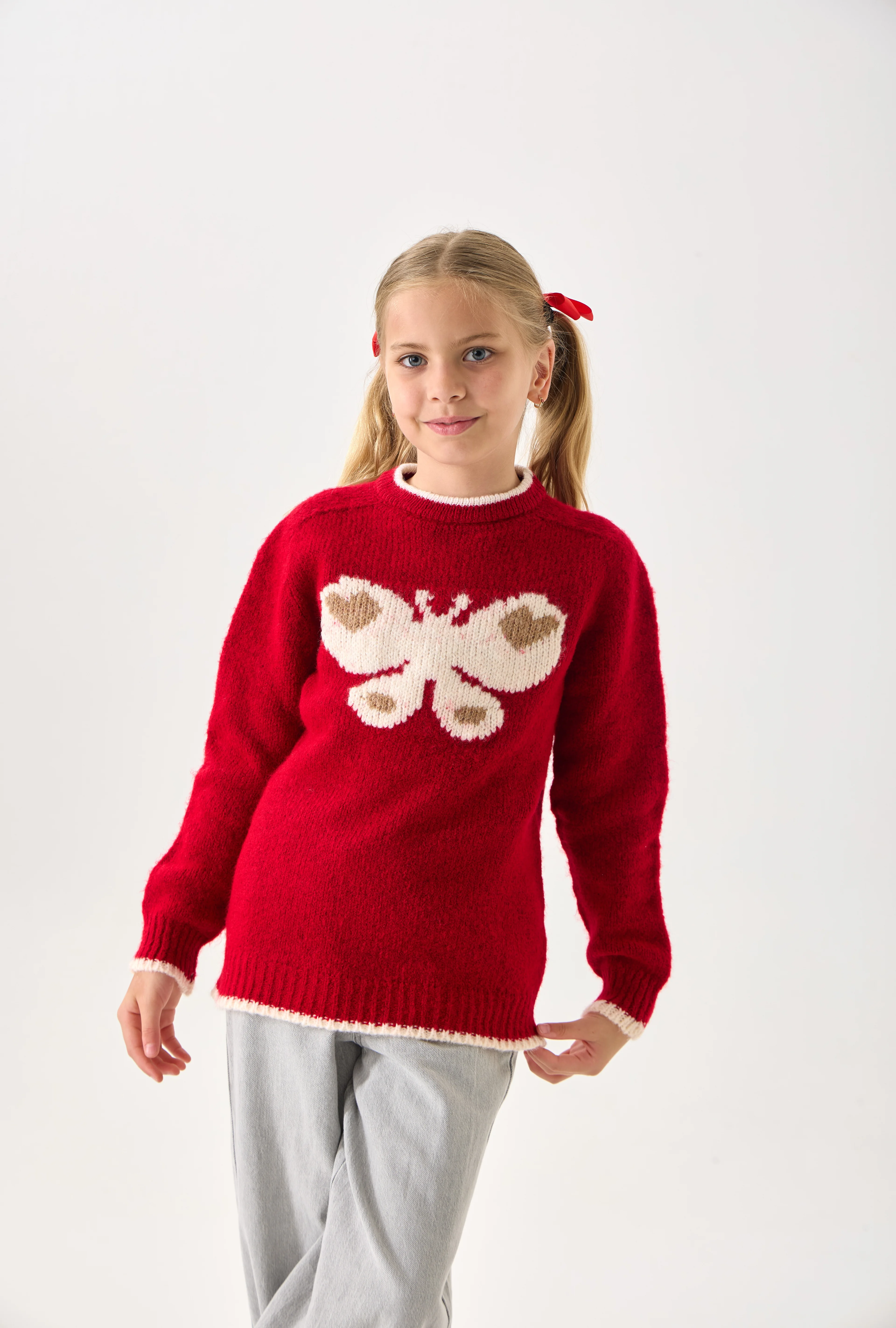  Kelebek Desenli Kız Çocuk Triko Kazak - Yumuşak Dokulu - Kırmızı