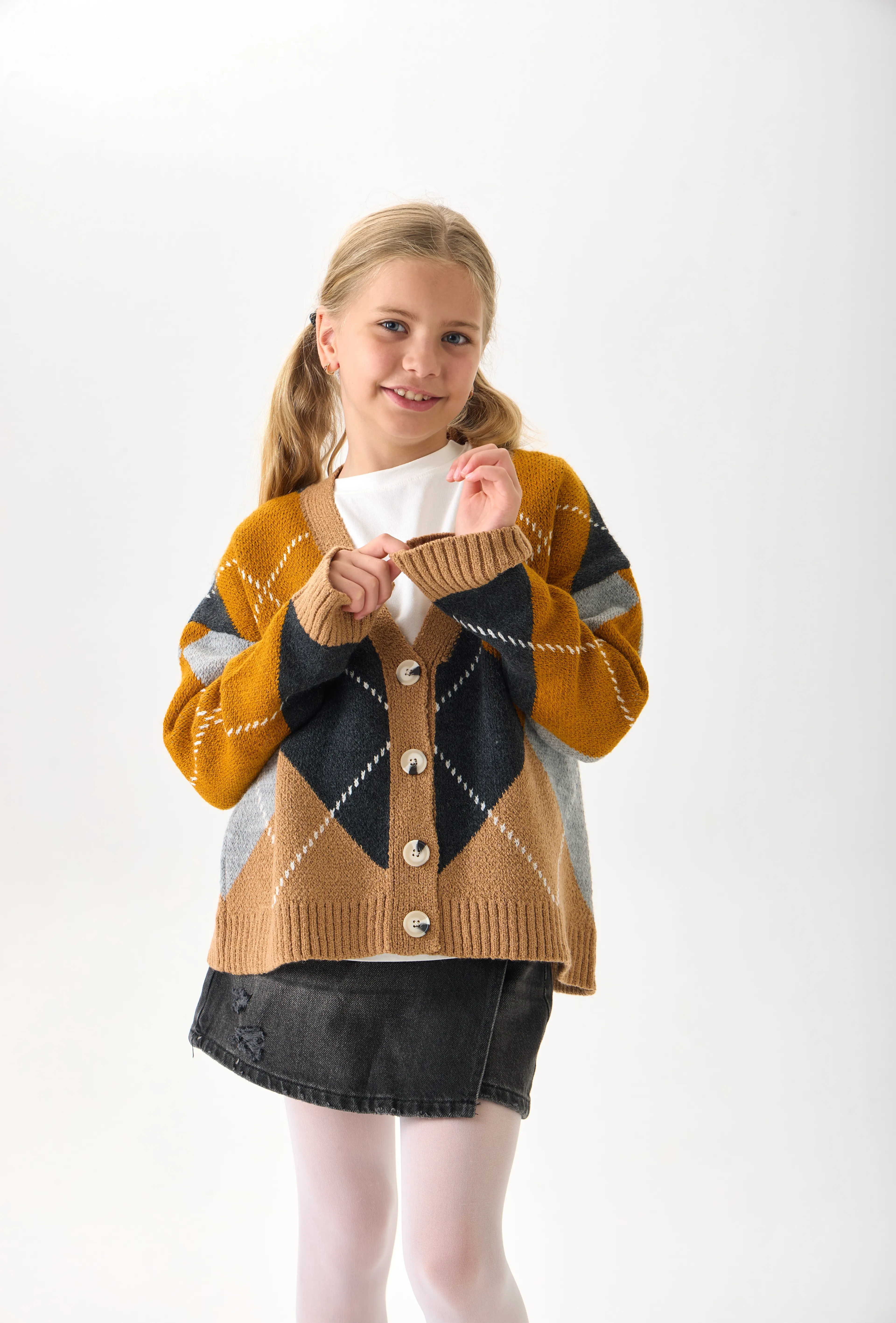 Kız Çocuk Triko Hırka - Düğmeli ve Uzun Kollu - Kum