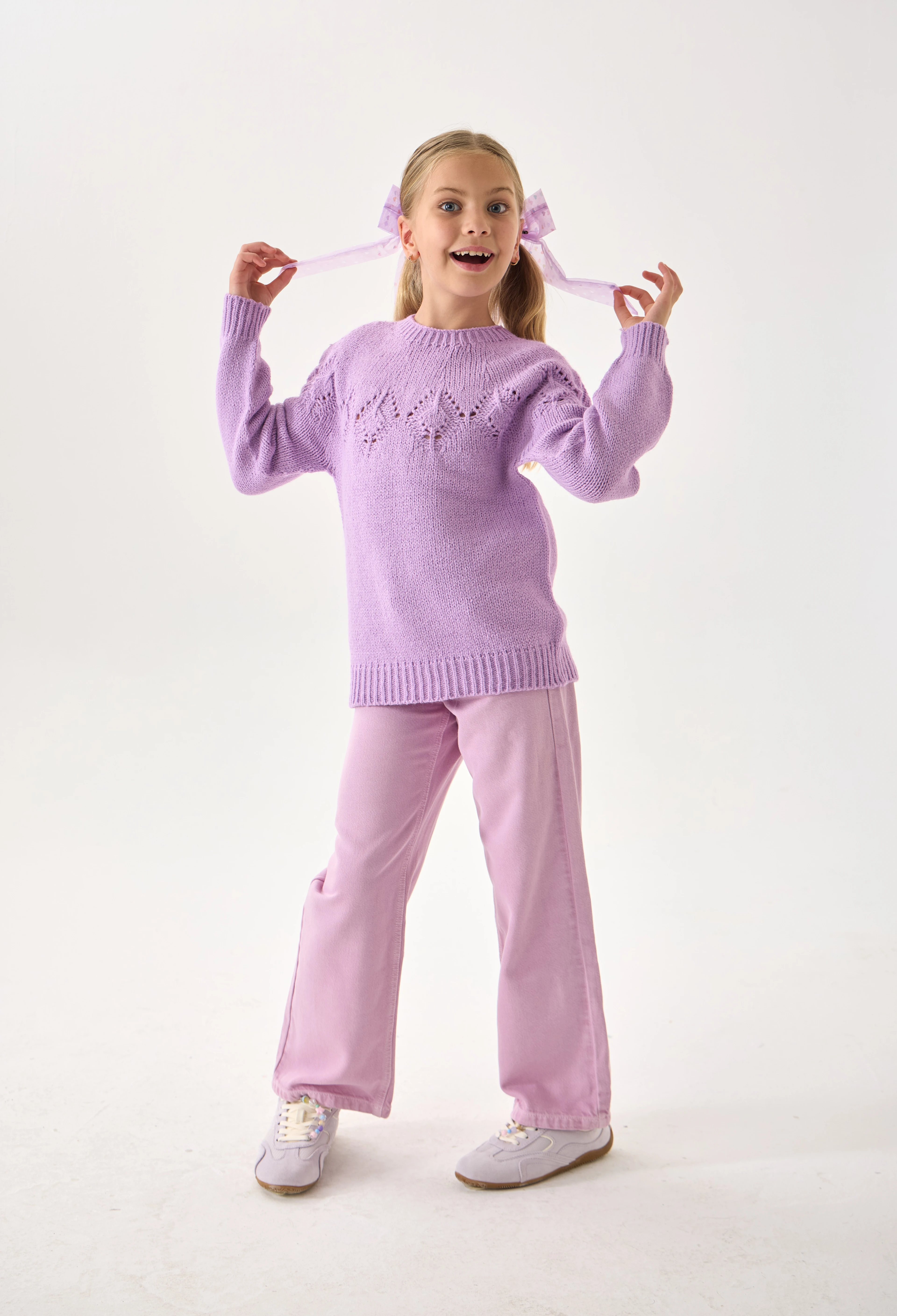 Kız Çocuk Triko Kazak - Bisiklet Yaka ve Uzun Kollu Günlük Model - Lila