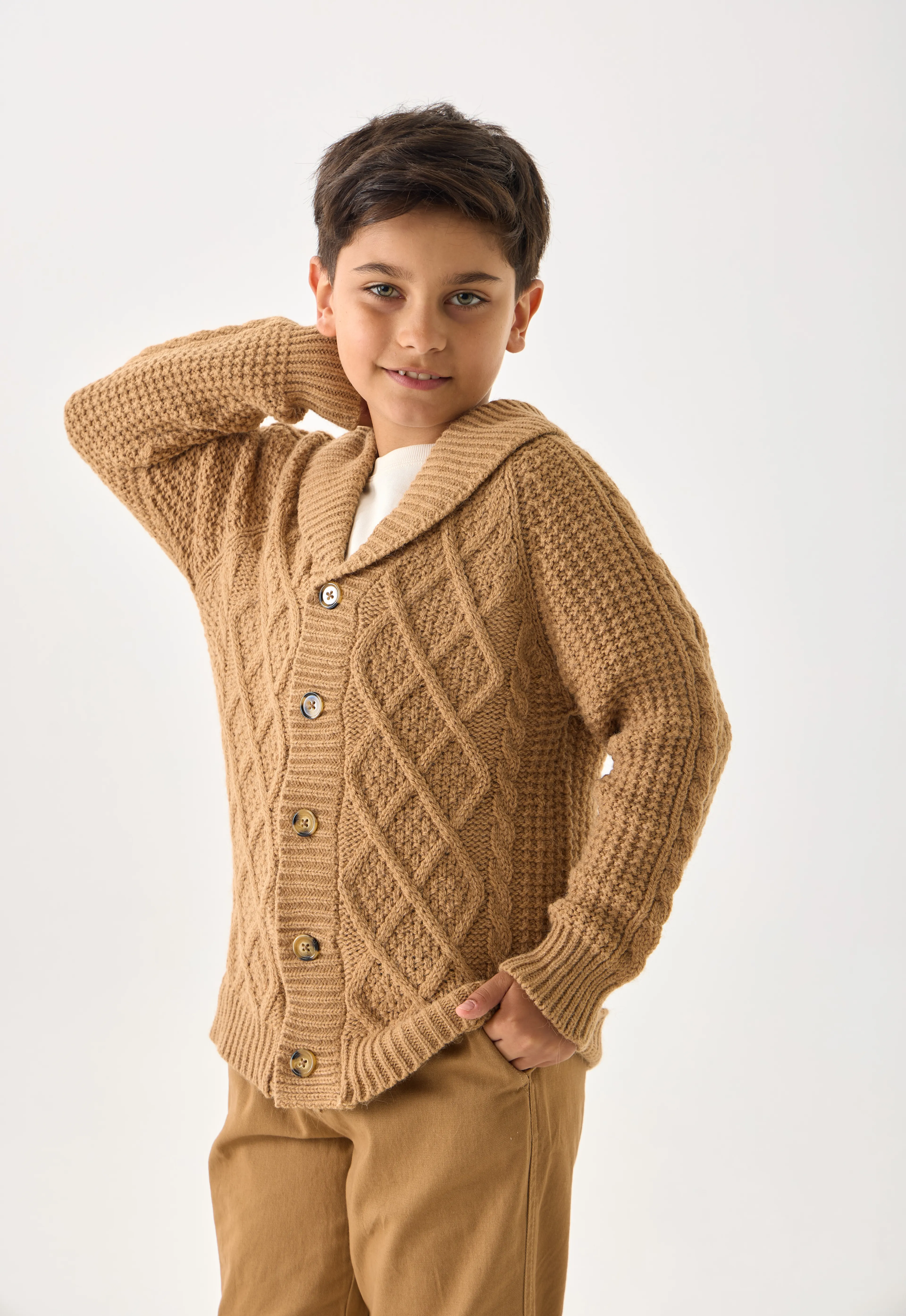 Erkek Çocuk Triko Hırka - Düğmeli ve Rahat Kesim - Camel