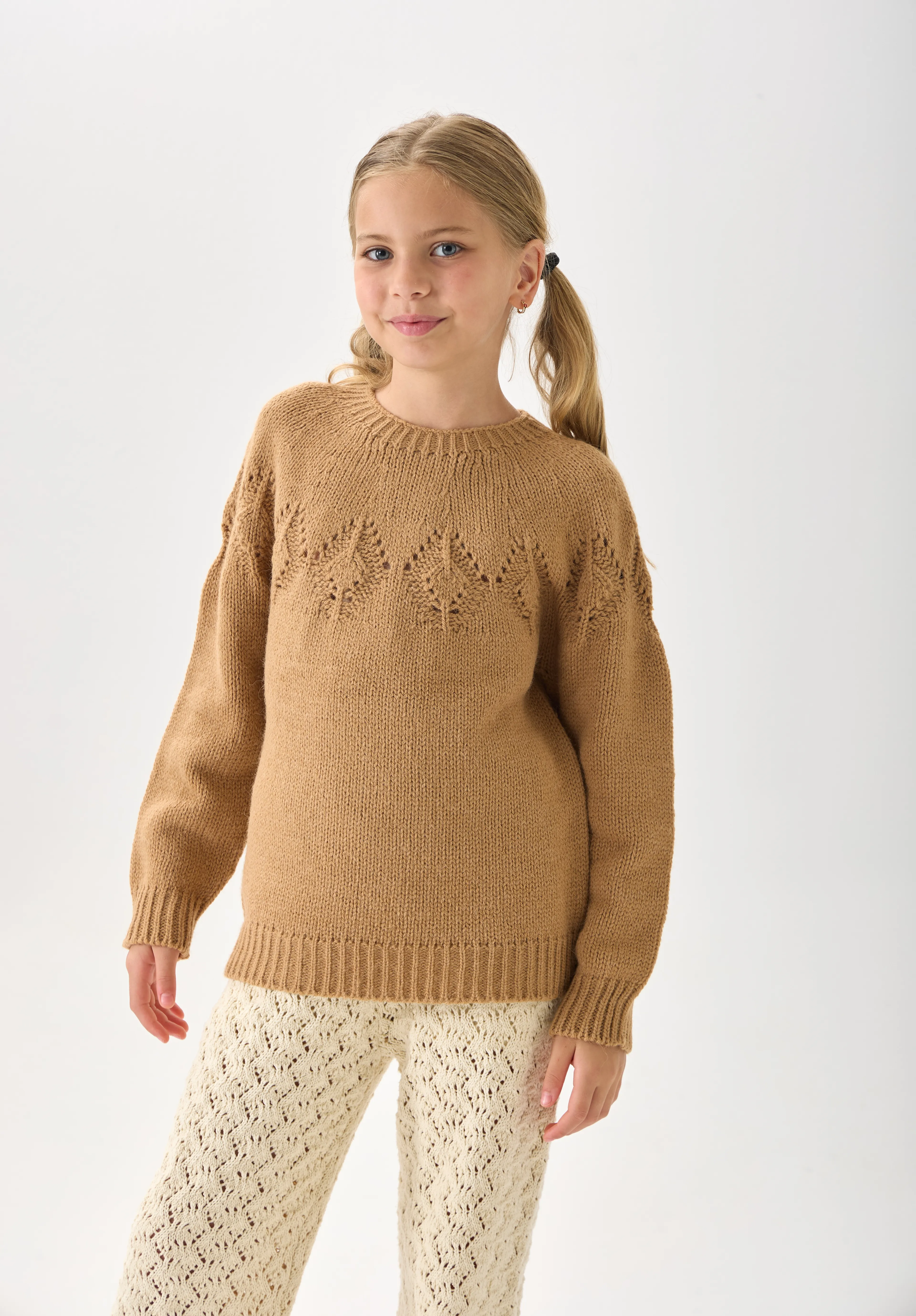 Kız Çocuk Triko Kazak - Bisiklet Yaka ve Uzun Kollu Günlük Model - Camel