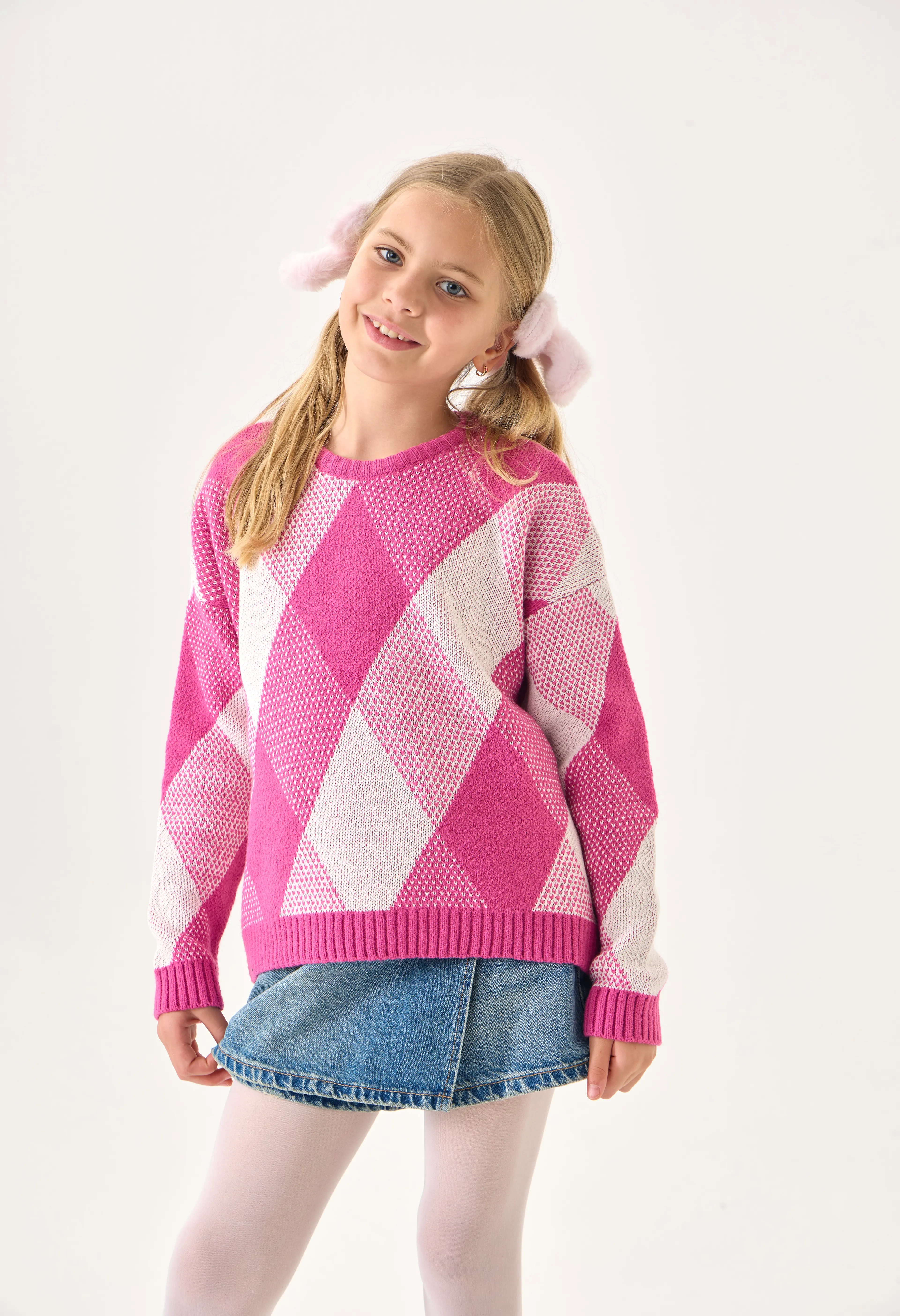 Kız Çocuk Triko Kazak – Baklava Desenli / Uzun Kollu / Bisiklet Yaka - Pembe