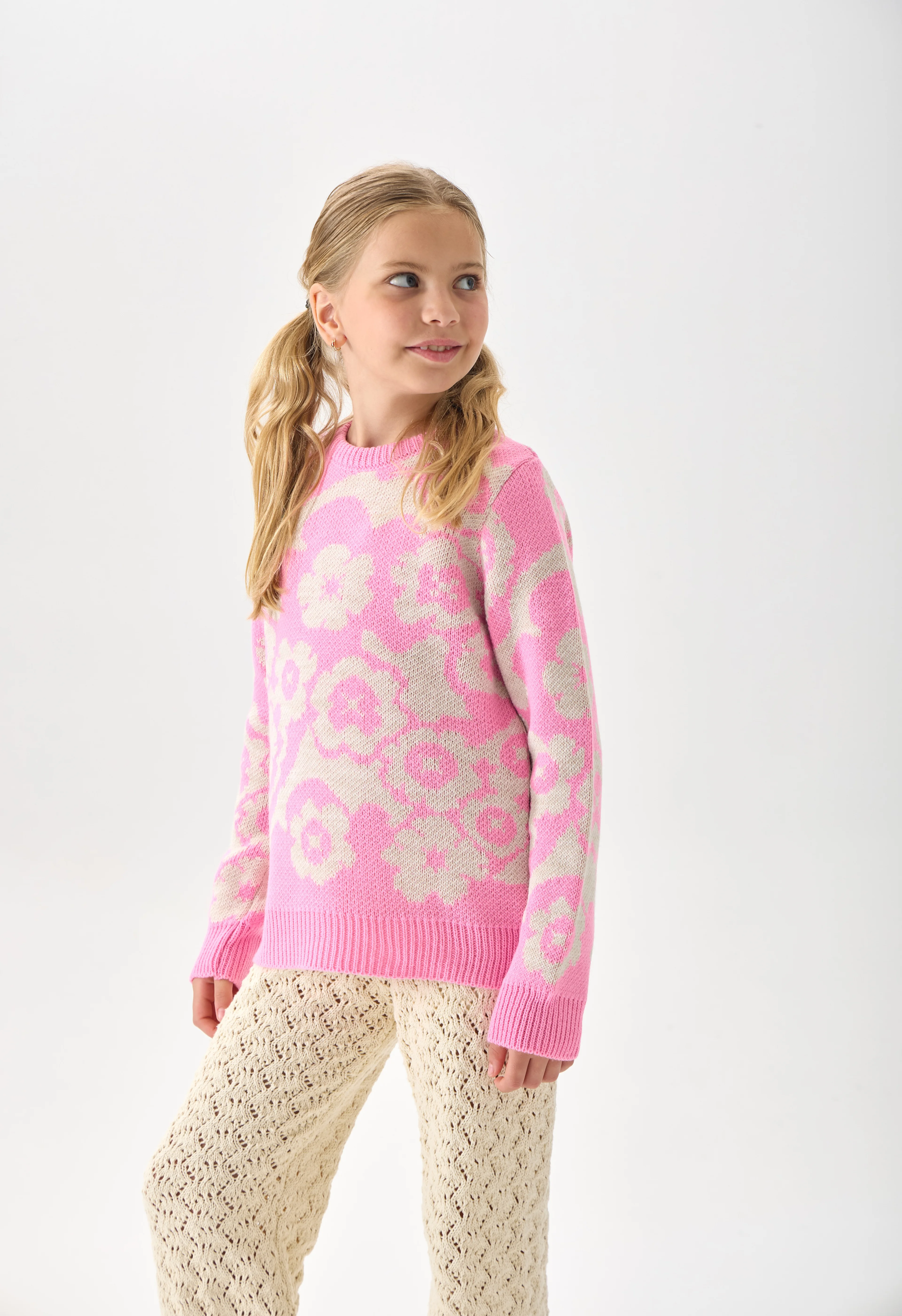 Çiçek Desenli Kız Çocuk Kazak Triko - Pembe