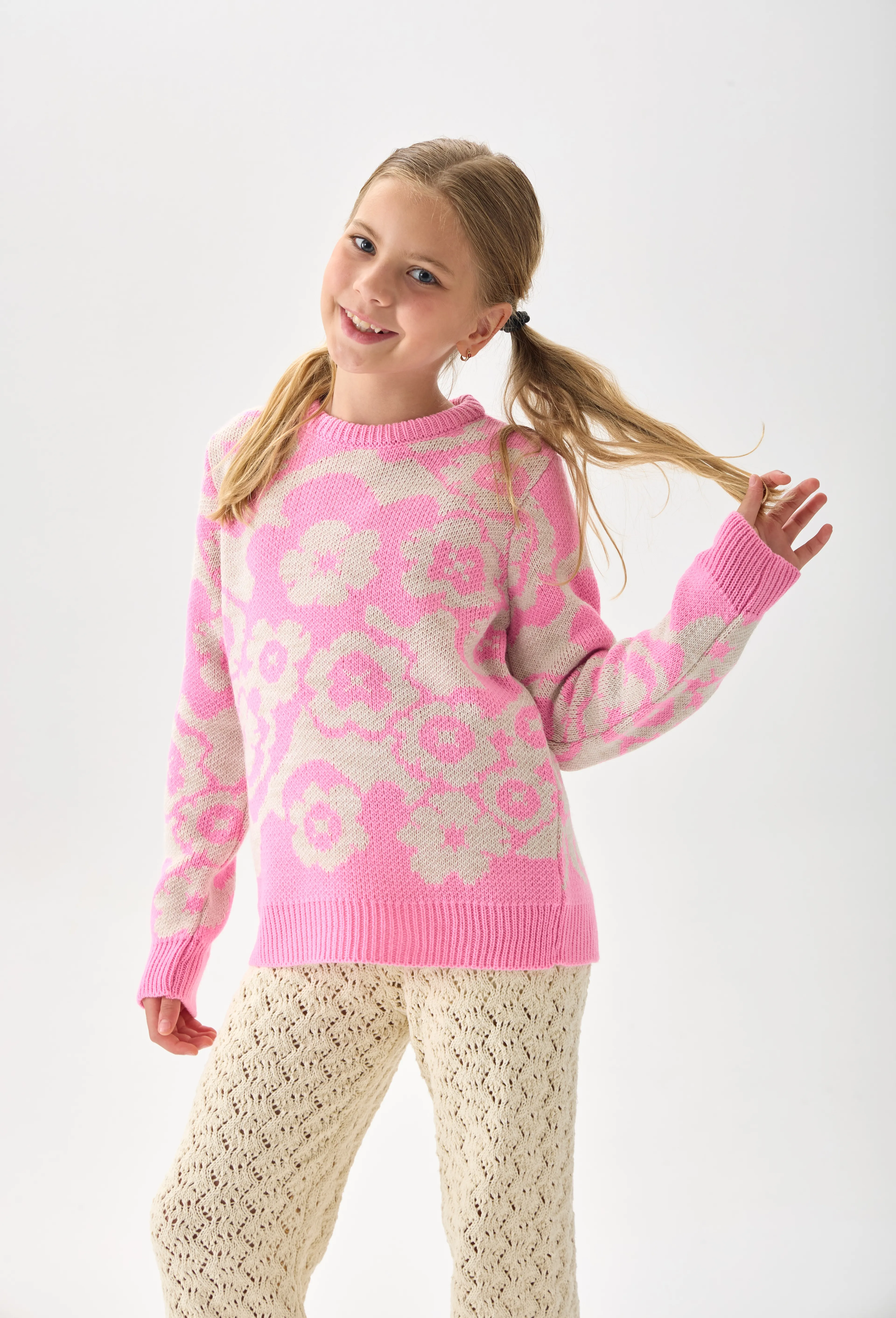 Çiçek Desenli Kız Çocuk Kazak Triko - Pembe