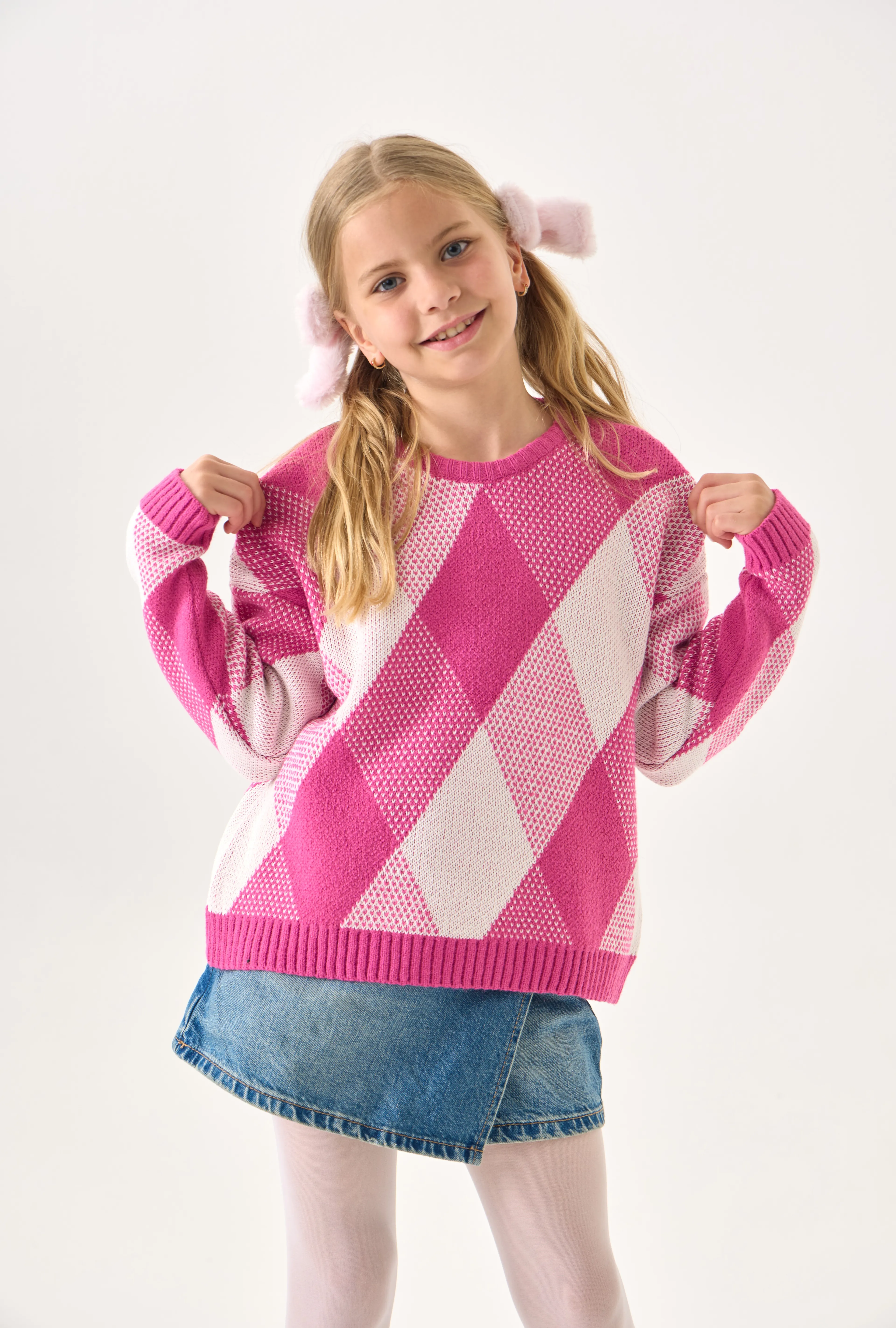 Kız Çocuk Triko Kazak – Baklava Desenli / Uzun Kollu / Bisiklet Yaka - Pembe