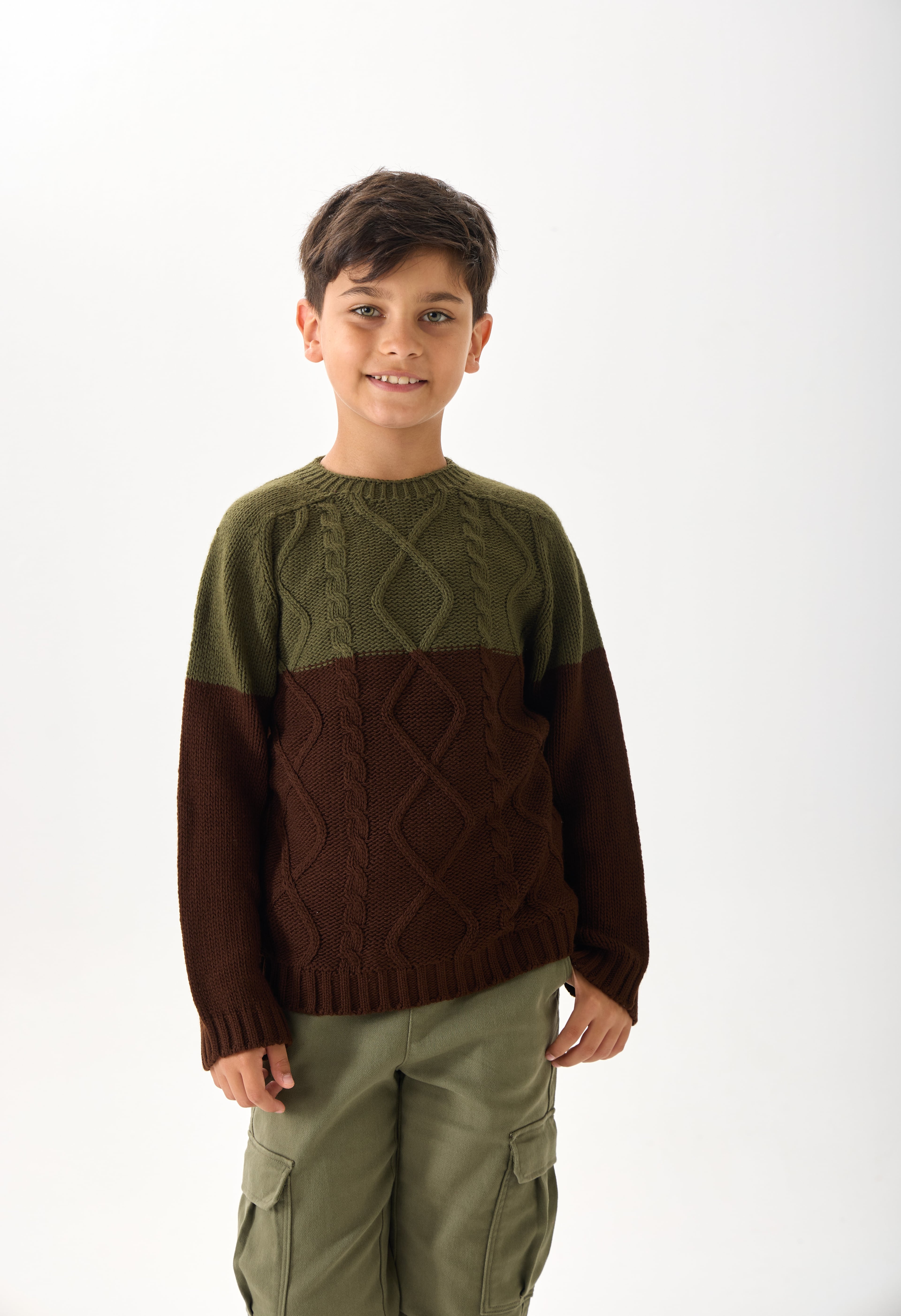 Erkek Çocuk Triko Kazak - Çift Renkli, Bisiklet Yaka ve Uzun Kollu - Haki