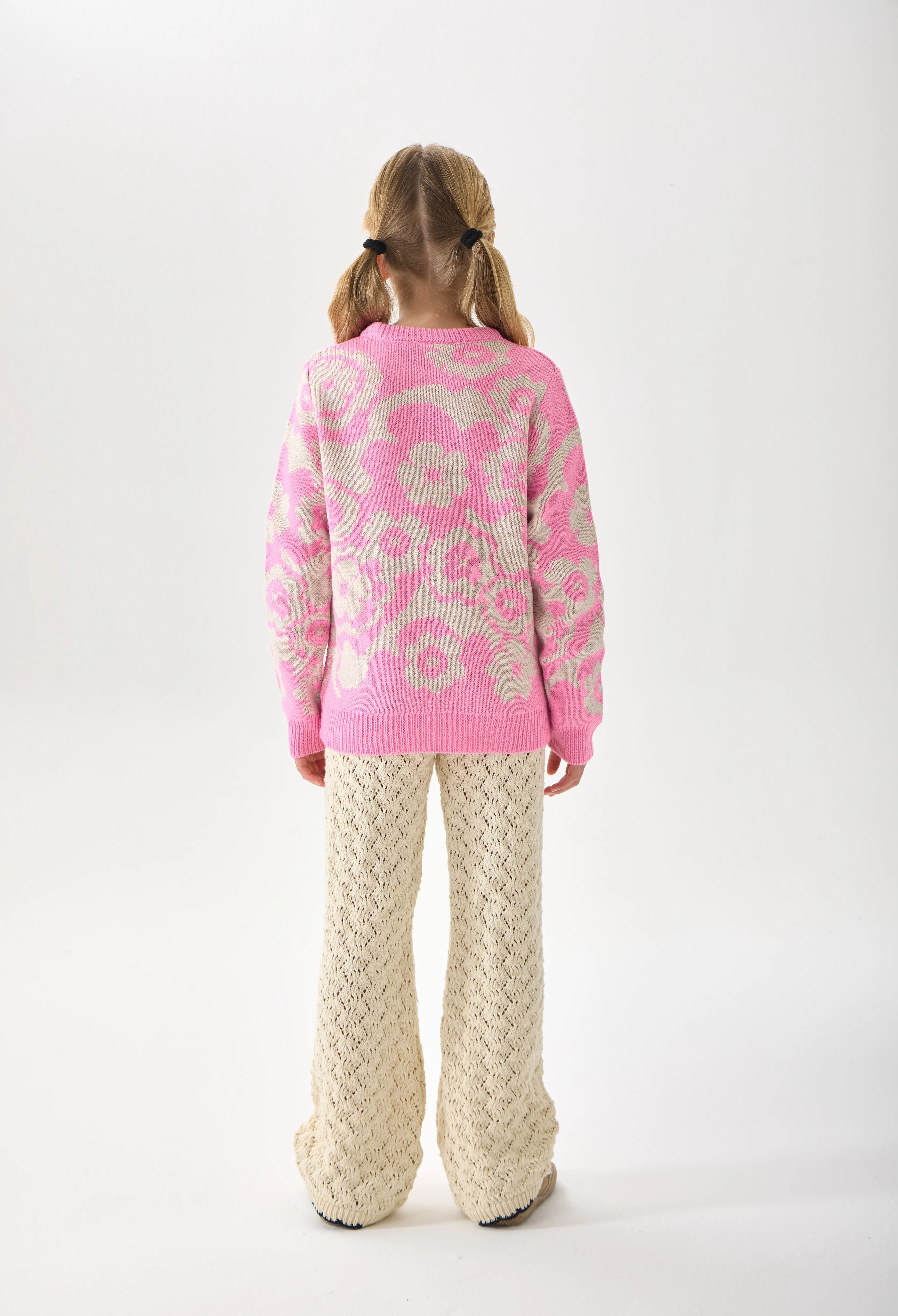 Çiçek Desenli Kız Çocuk Kazak Triko - Pembe