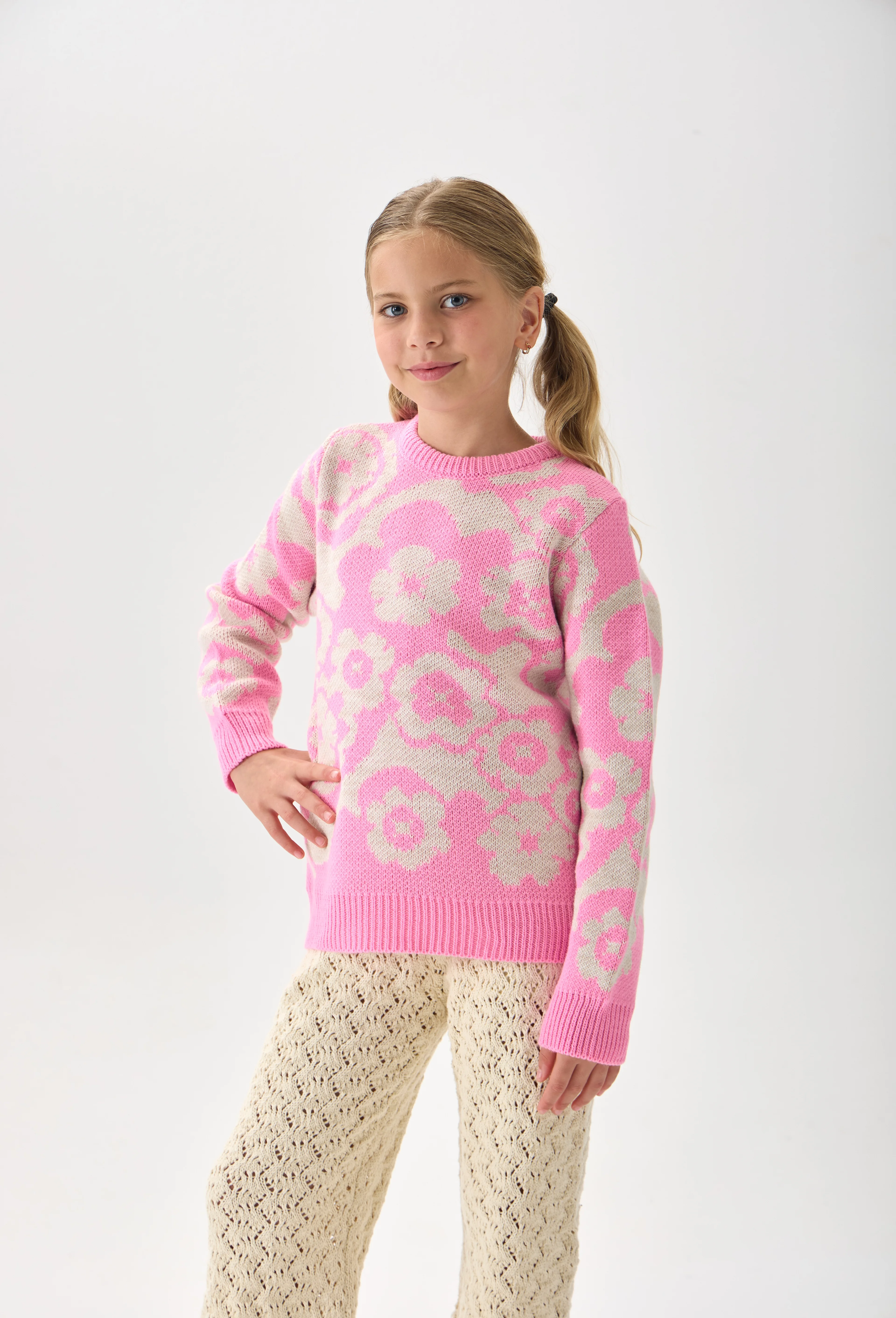 Çiçek Desenli Kız Çocuk Kazak Triko - Pembe