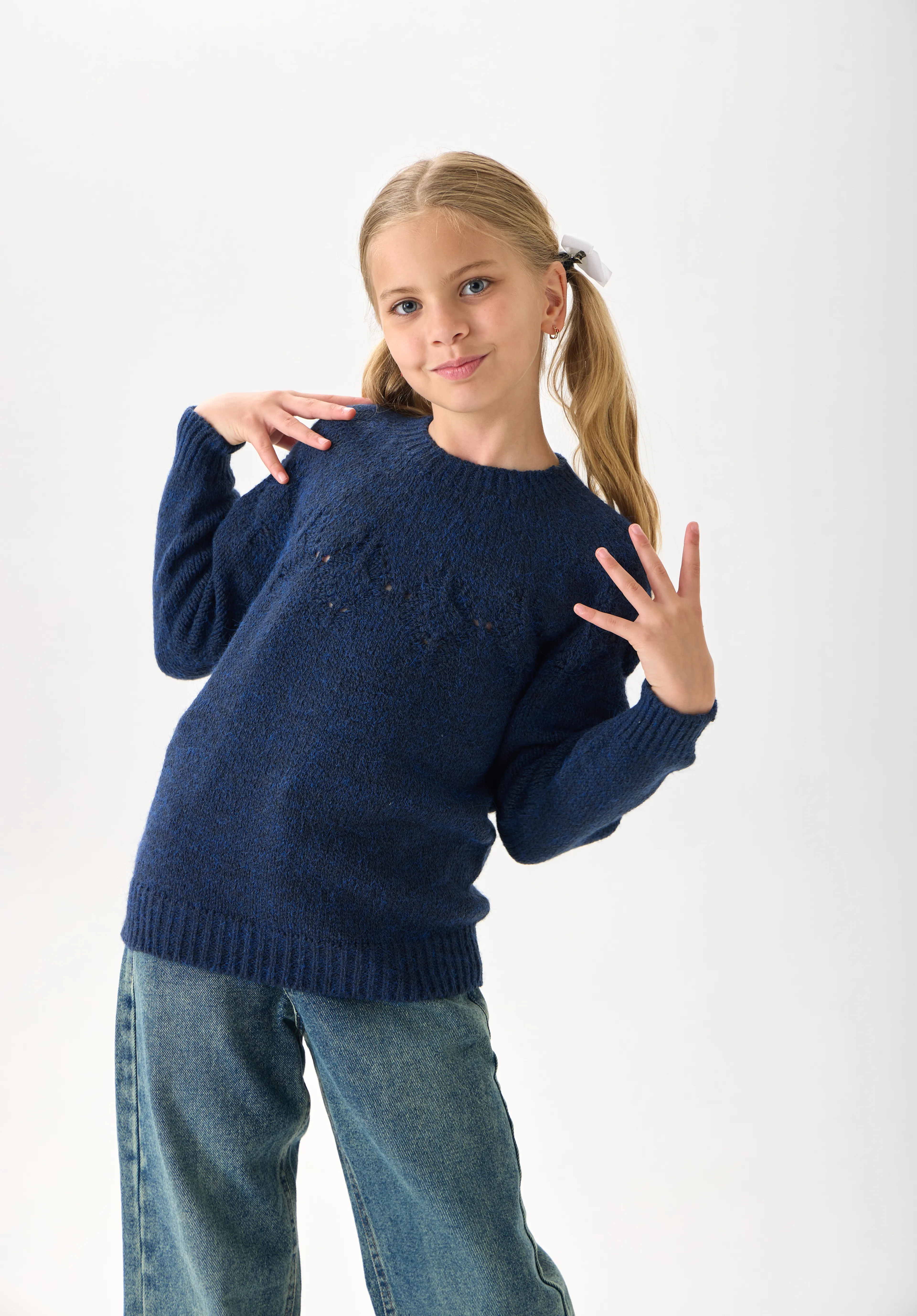 Kız Çocuk Triko Kazak - Bisiklet Yaka ve Uzun Kollu Günlük Model - Lacivert