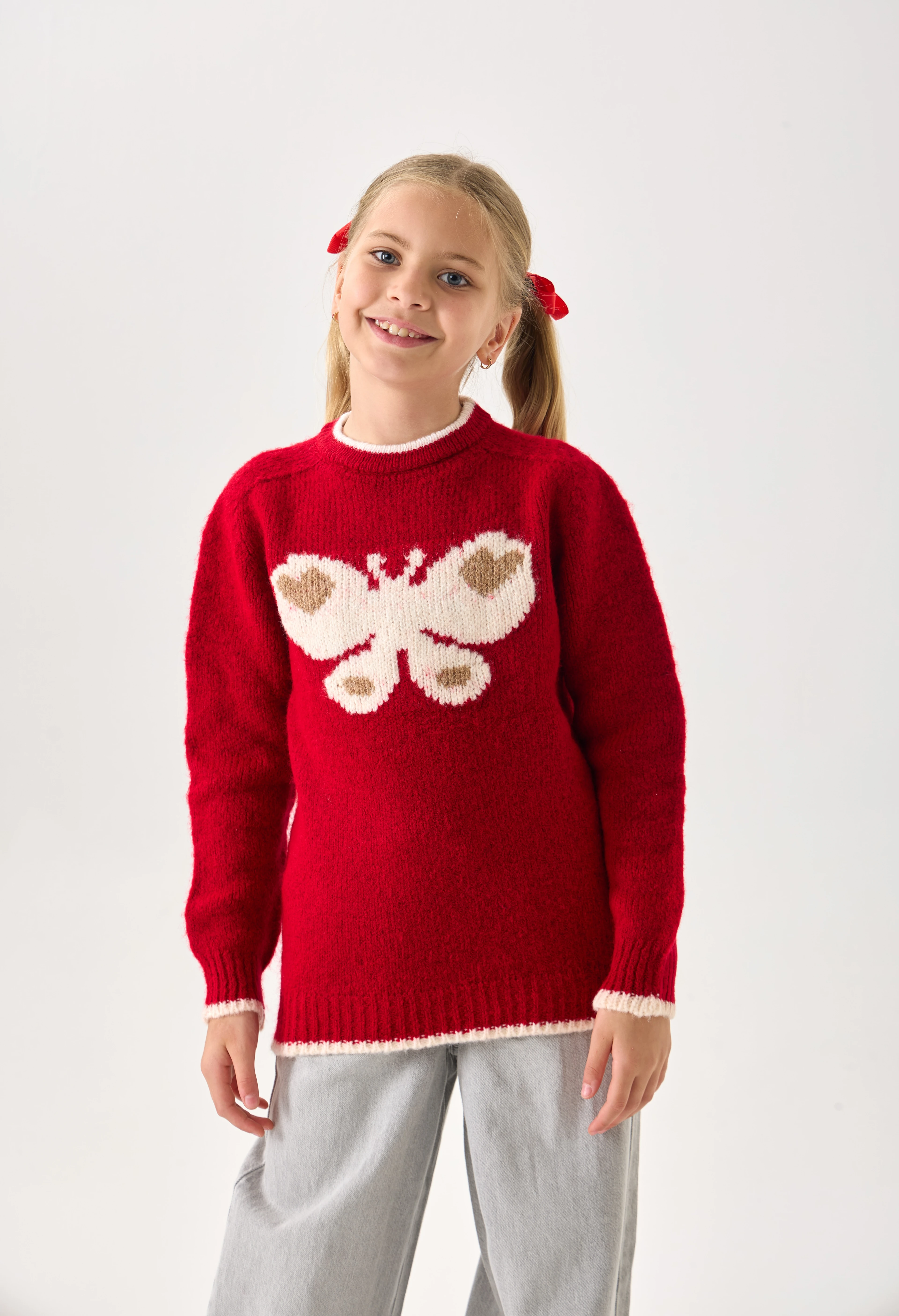  Kelebek Desenli Kız Çocuk Triko Kazak - Yumuşak Dokulu - Kırmızı