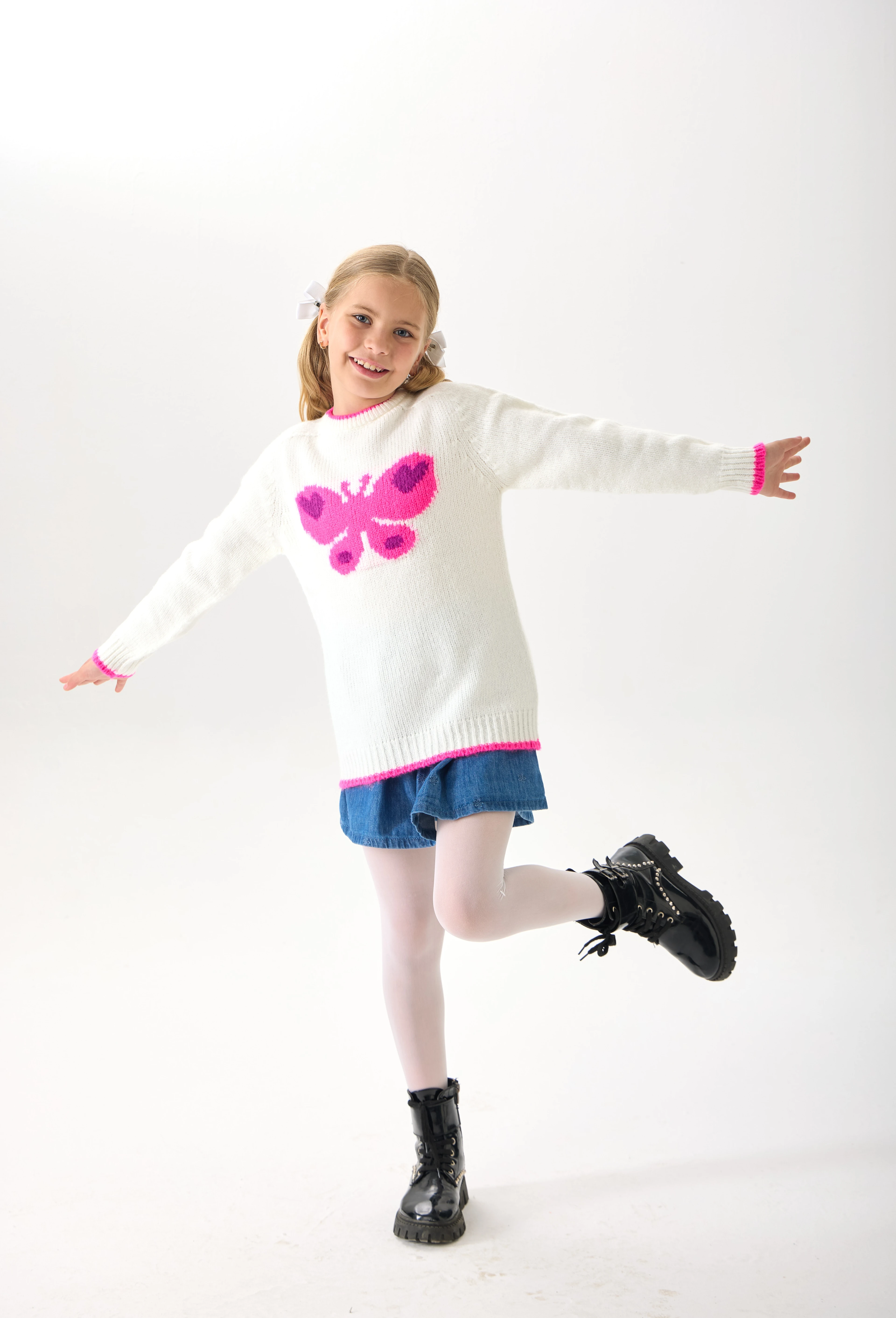  Kelebek Desenli Kız Çocuk Triko Kazak - Yumuşak Dokulu - Ekru