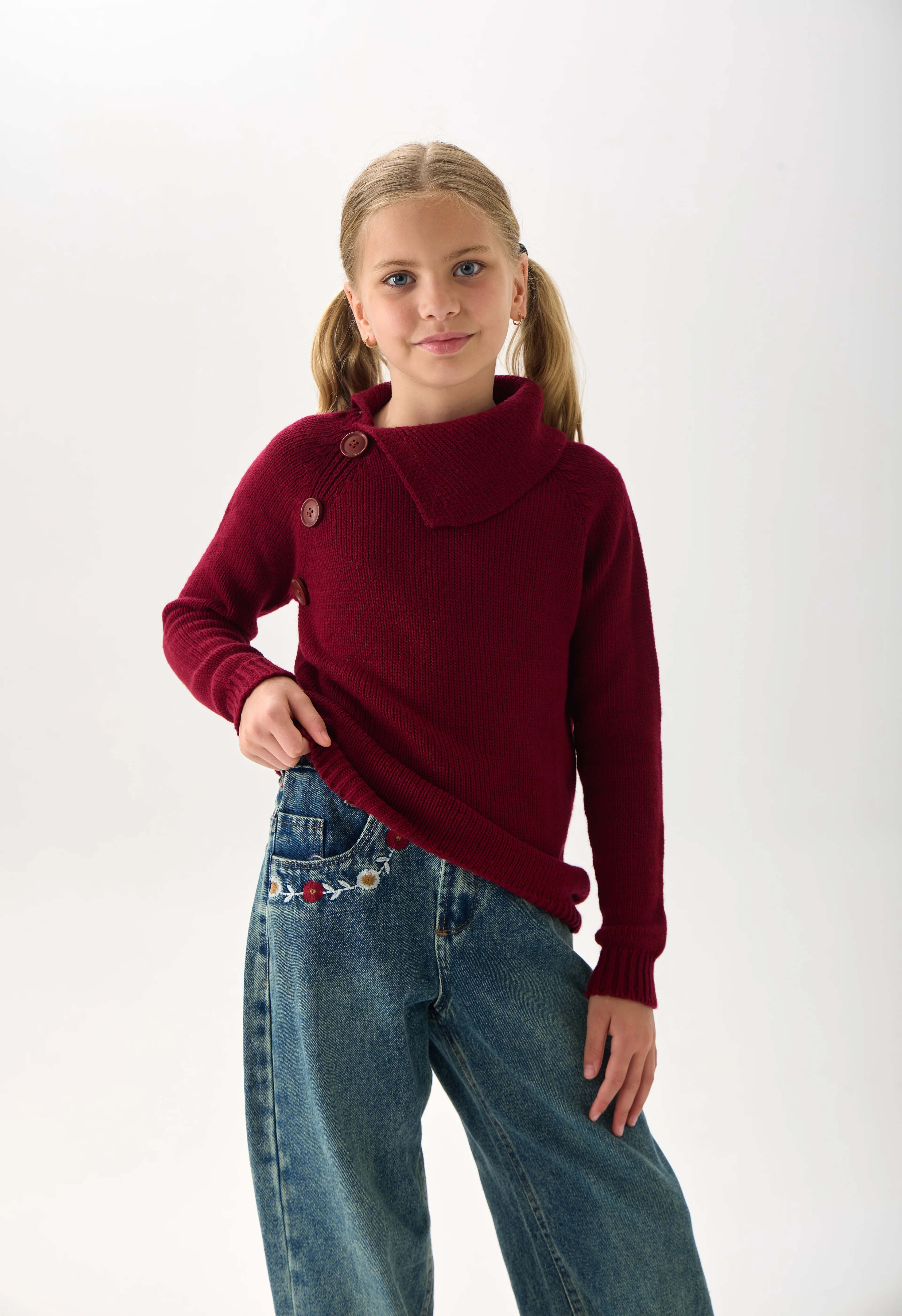 Kız Çocuk Triko Kazak - Düğme Detaylı Geniş Yaka ve Uzun Kollu Model - Bordo