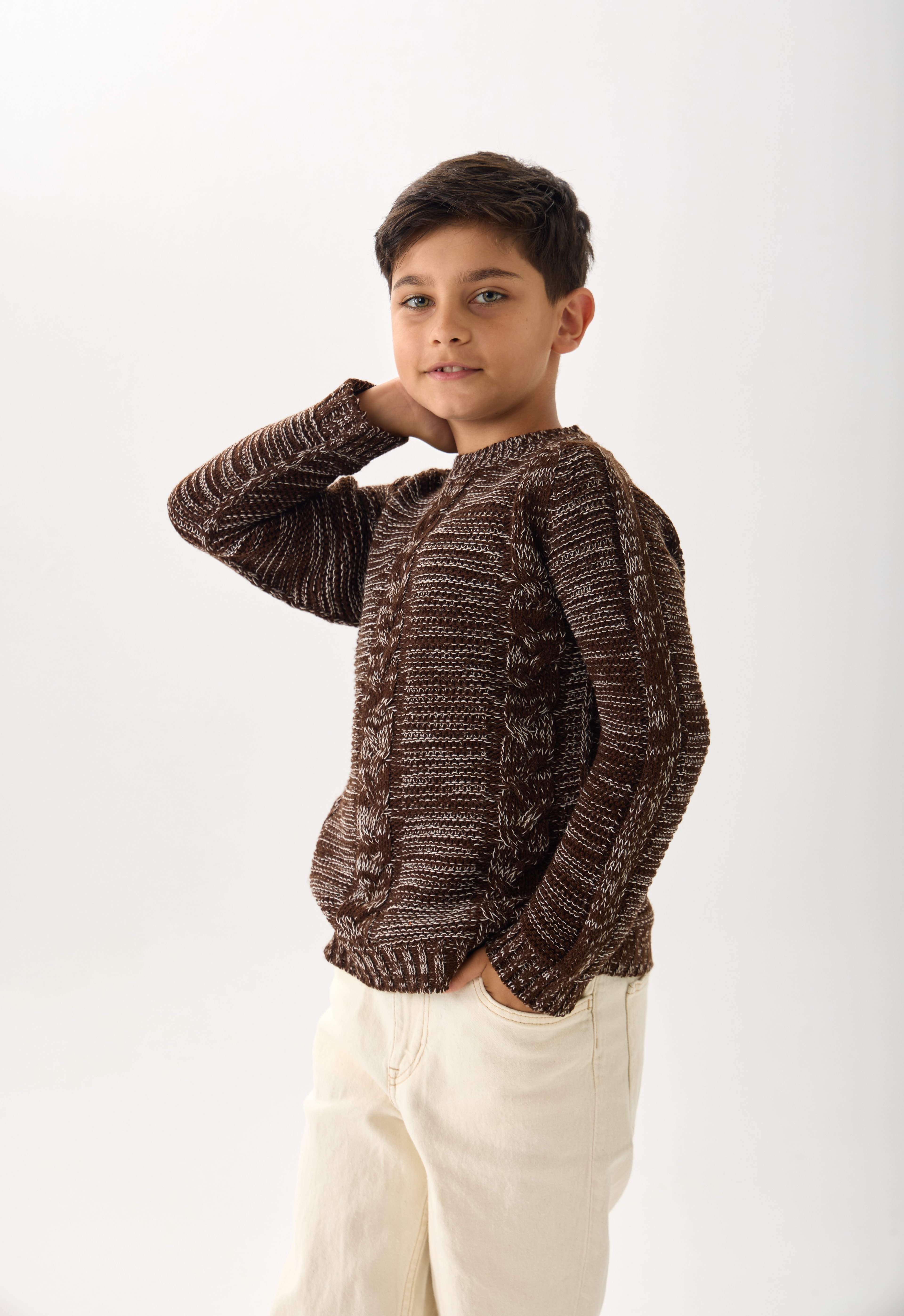 Erkek Çocuk Triko Kazak – Bisiklet Yaka ve Uzun Kollu Günlük Model - Coconut