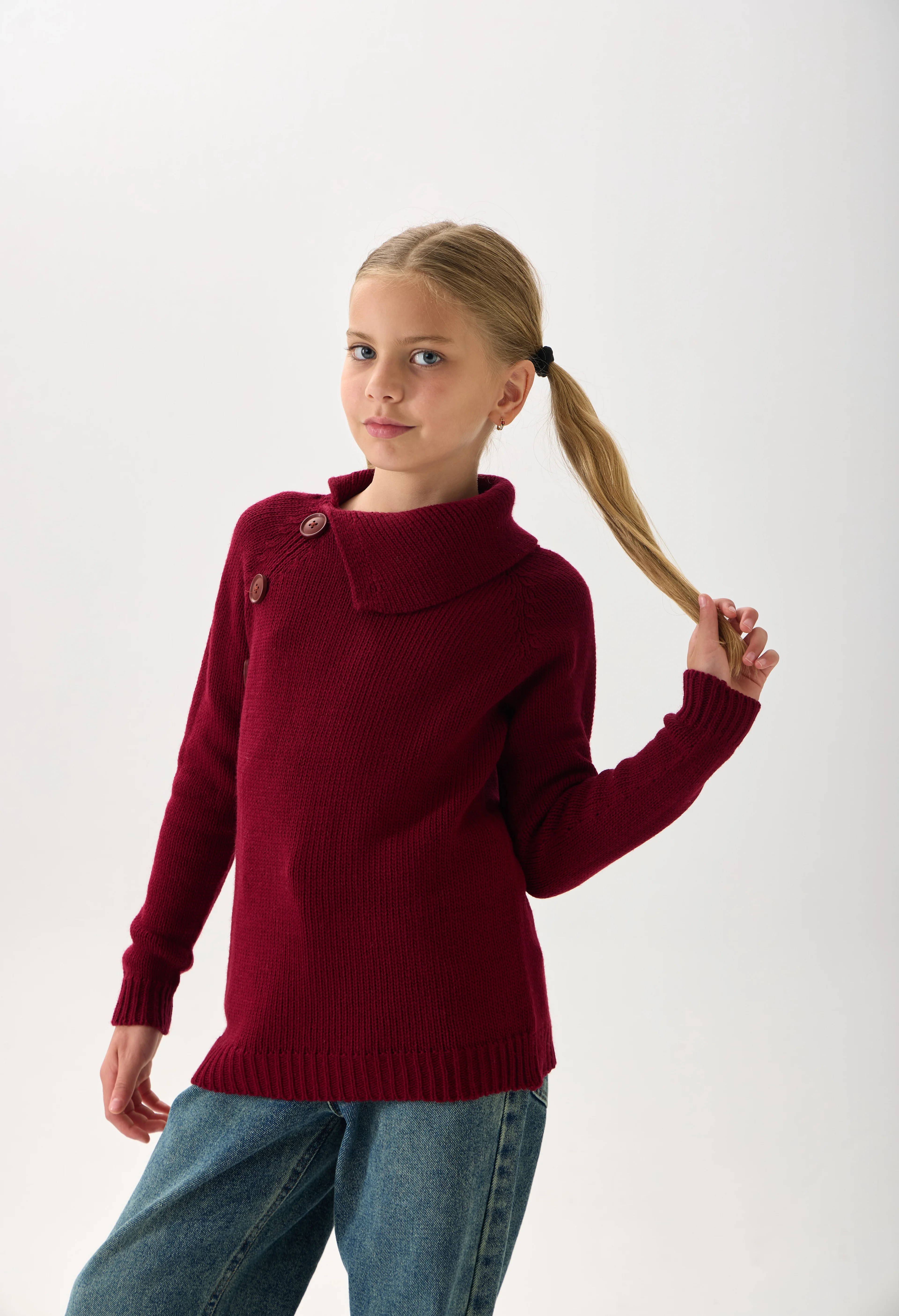 Kız Çocuk Triko Kazak - Düğme Detaylı Geniş Yaka ve Uzun Kollu Model - Bordo