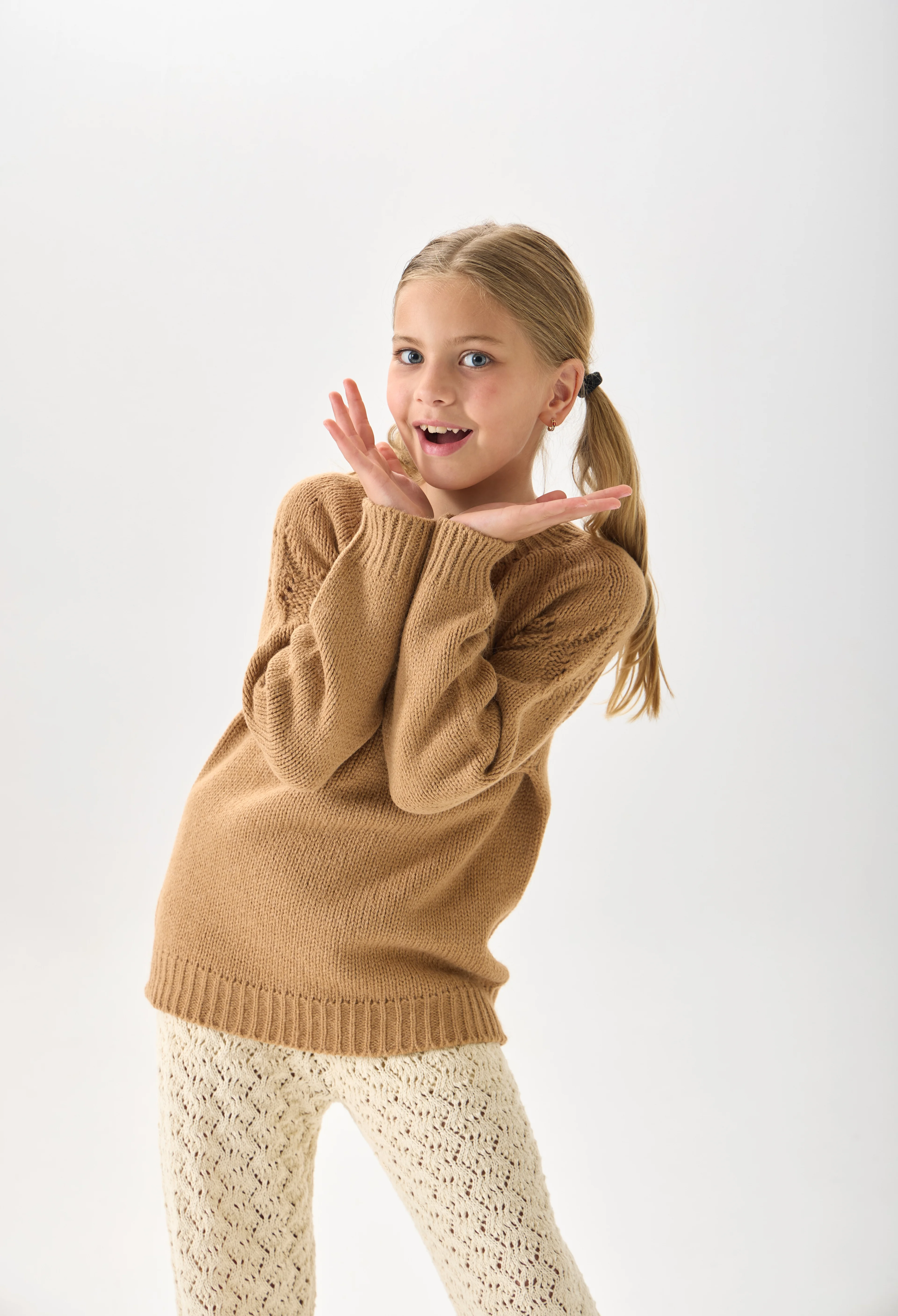 Kız Çocuk Triko Kazak - Bisiklet Yaka ve Uzun Kollu Günlük Model - Camel