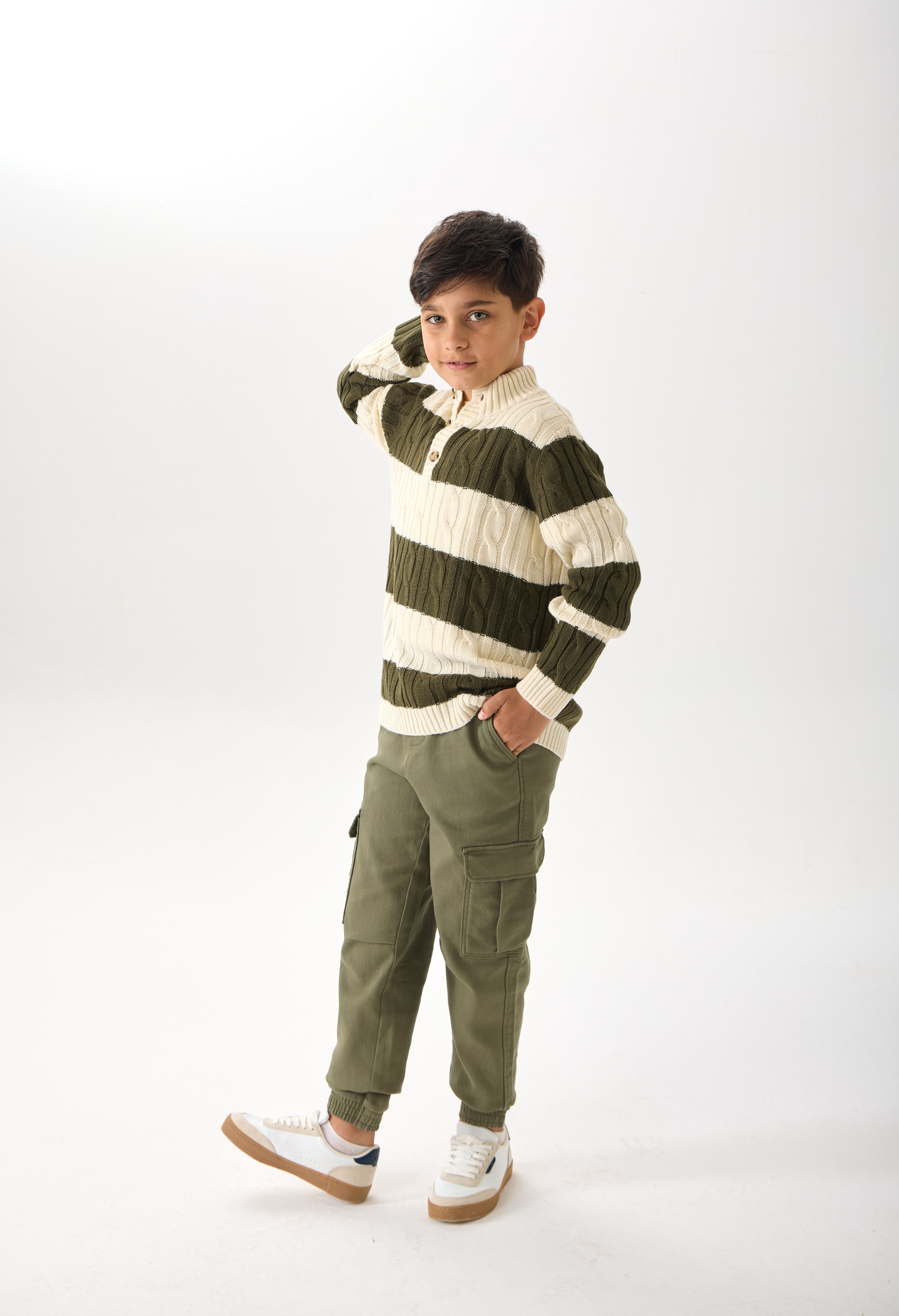 Erkek Çocuk Çizgili Düğmeli Triko Kazak - Haki