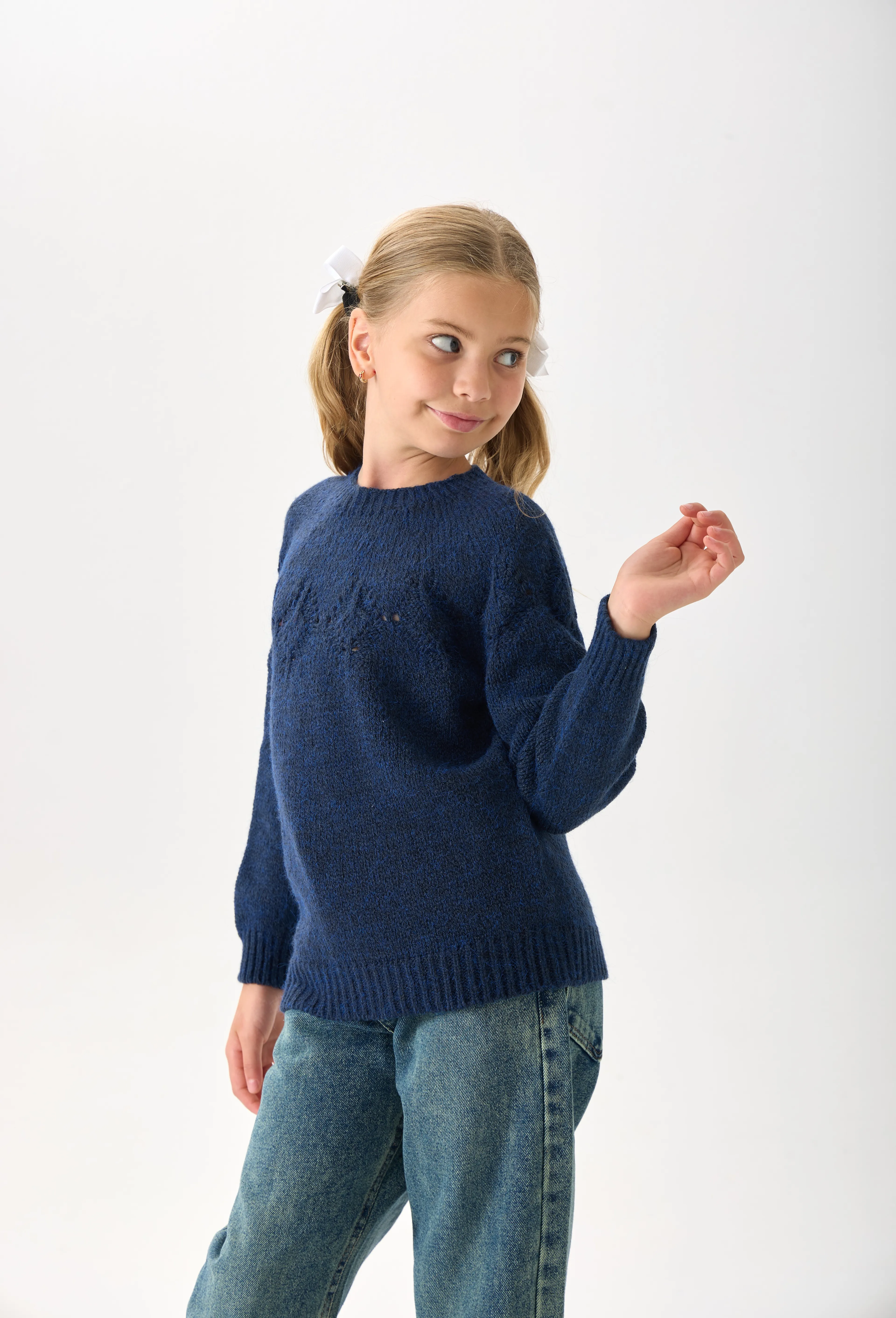 Kız Çocuk Triko Kazak - Bisiklet Yaka ve Uzun Kollu Günlük Model - Lacivert