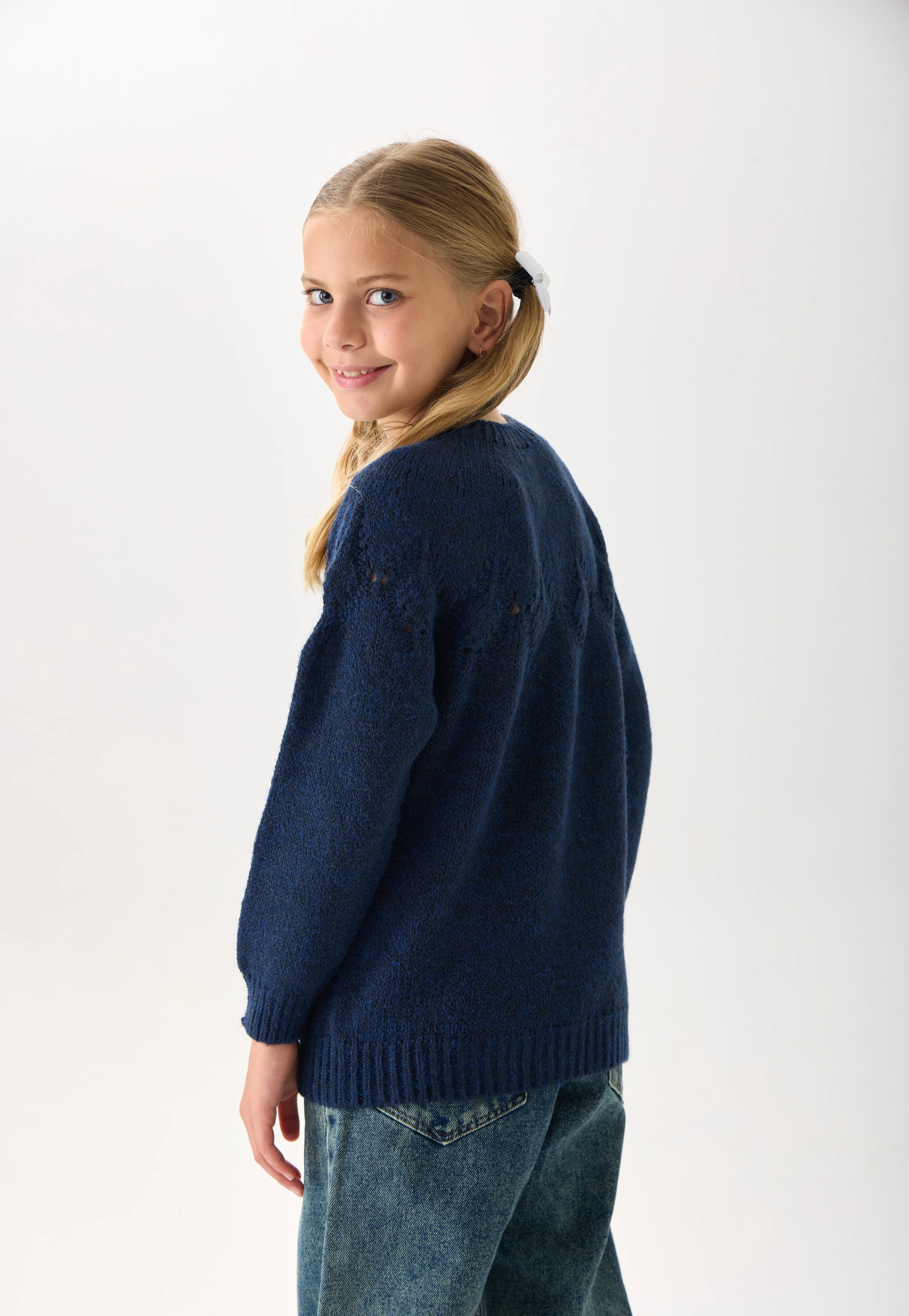 Kız Çocuk Triko Kazak - Bisiklet Yaka ve Uzun Kollu Günlük Model - Lacivert