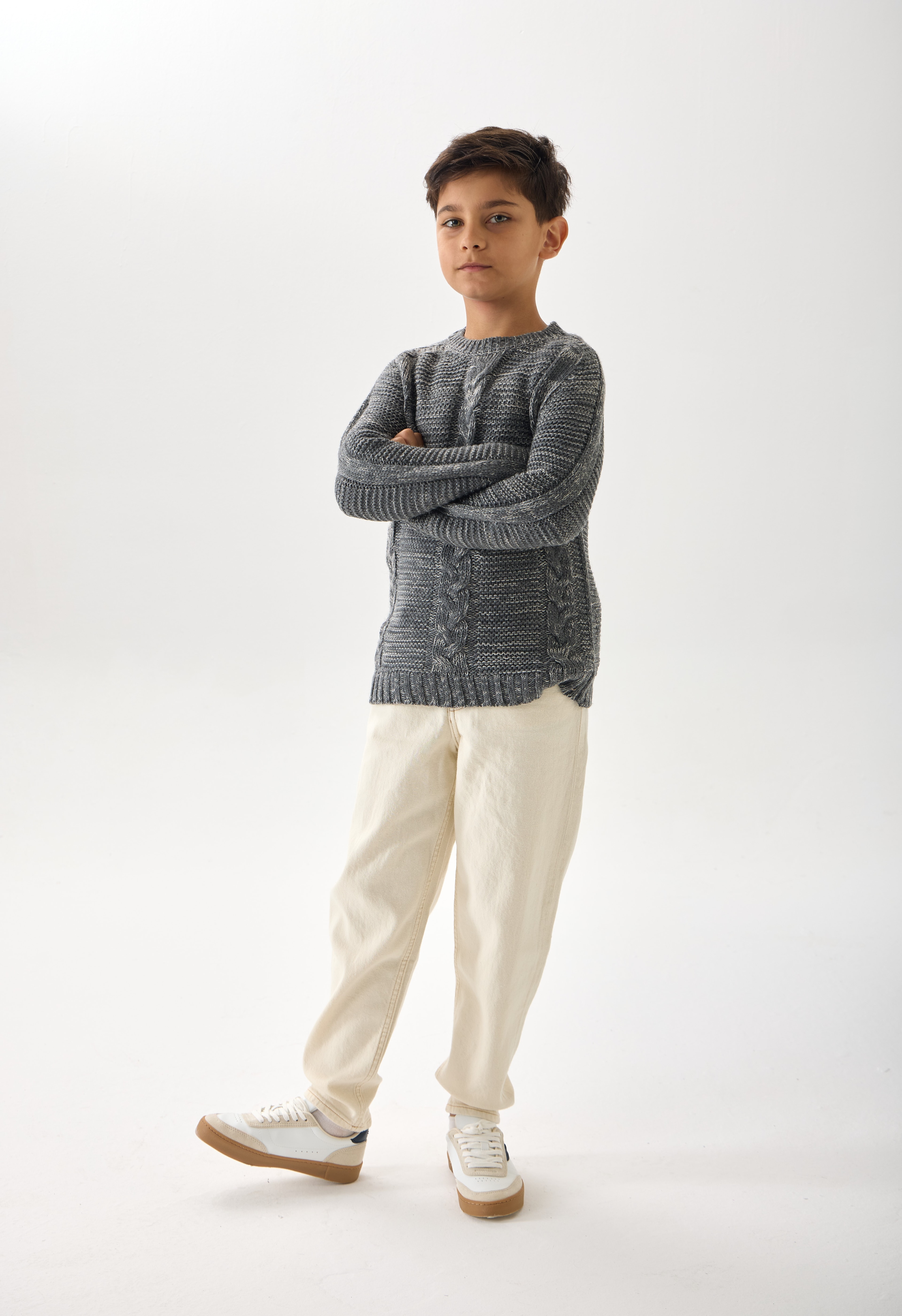 Erkek Çocuk Triko Kazak – Bisiklet Yaka ve Uzun Kollu Günlük Model - Antrasit