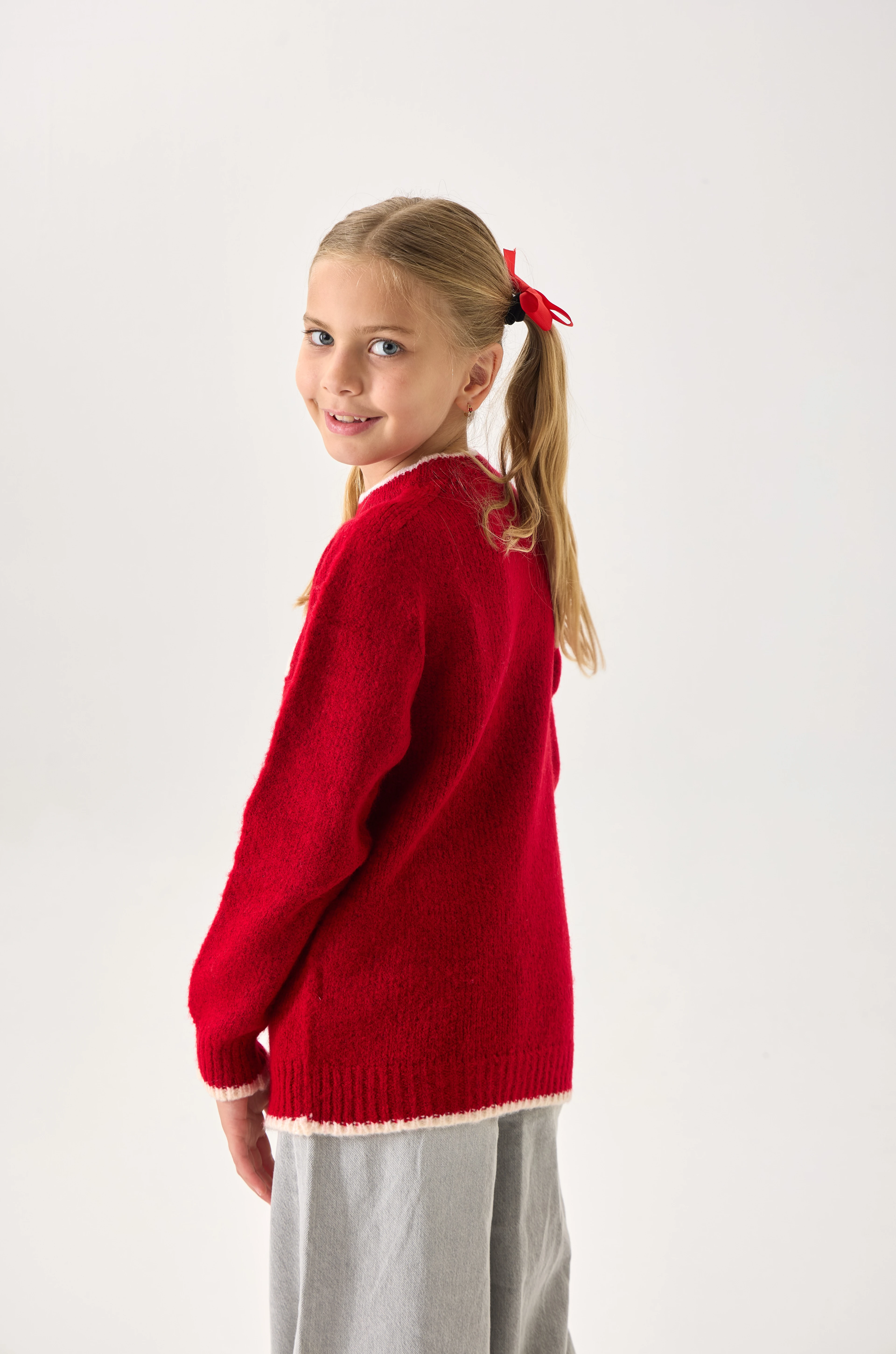  Kelebek Desenli Kız Çocuk Triko Kazak - Yumuşak Dokulu - Kırmızı