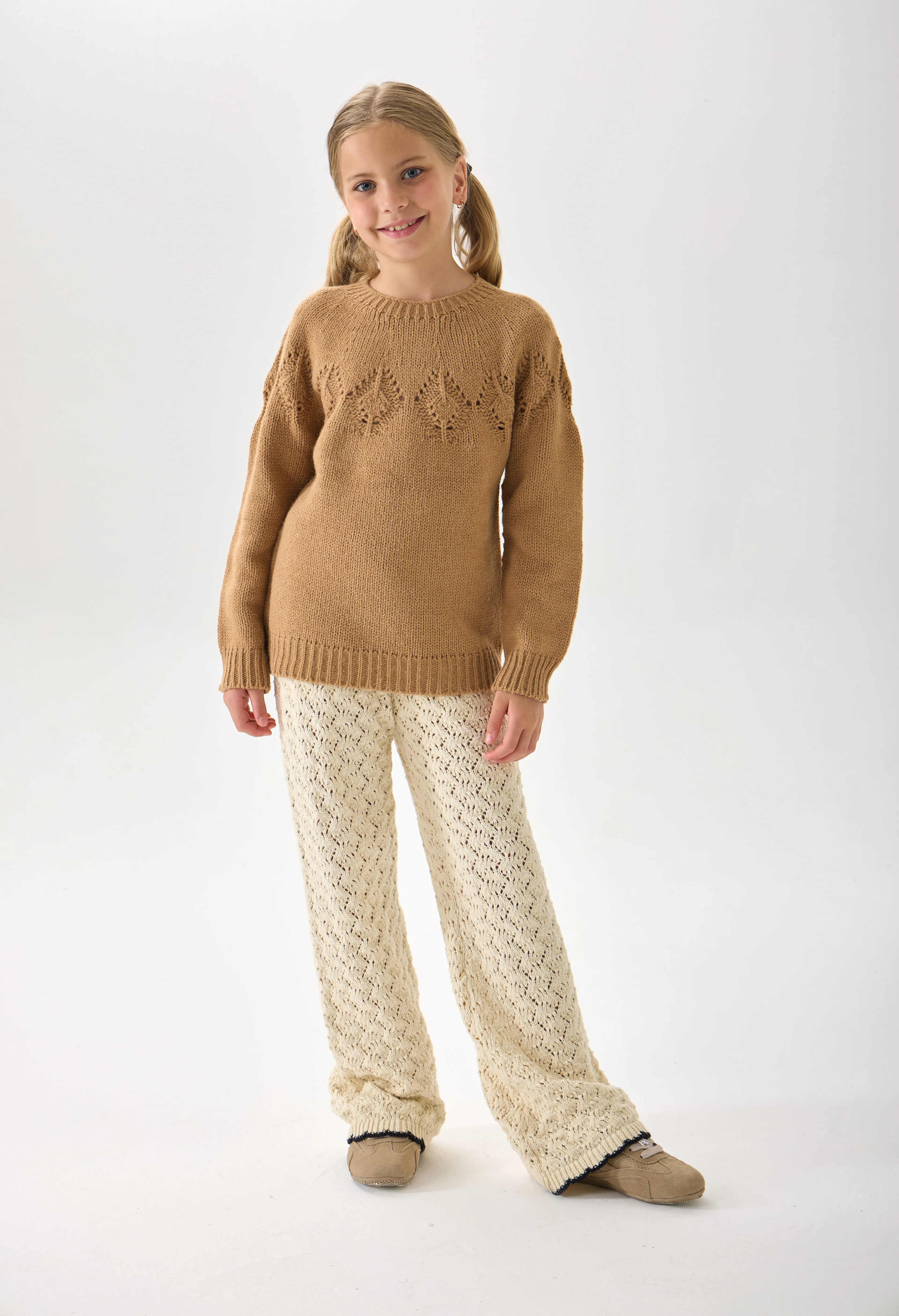 Kız Çocuk Triko Kazak - Bisiklet Yaka ve Uzun Kollu Günlük Model - Camel