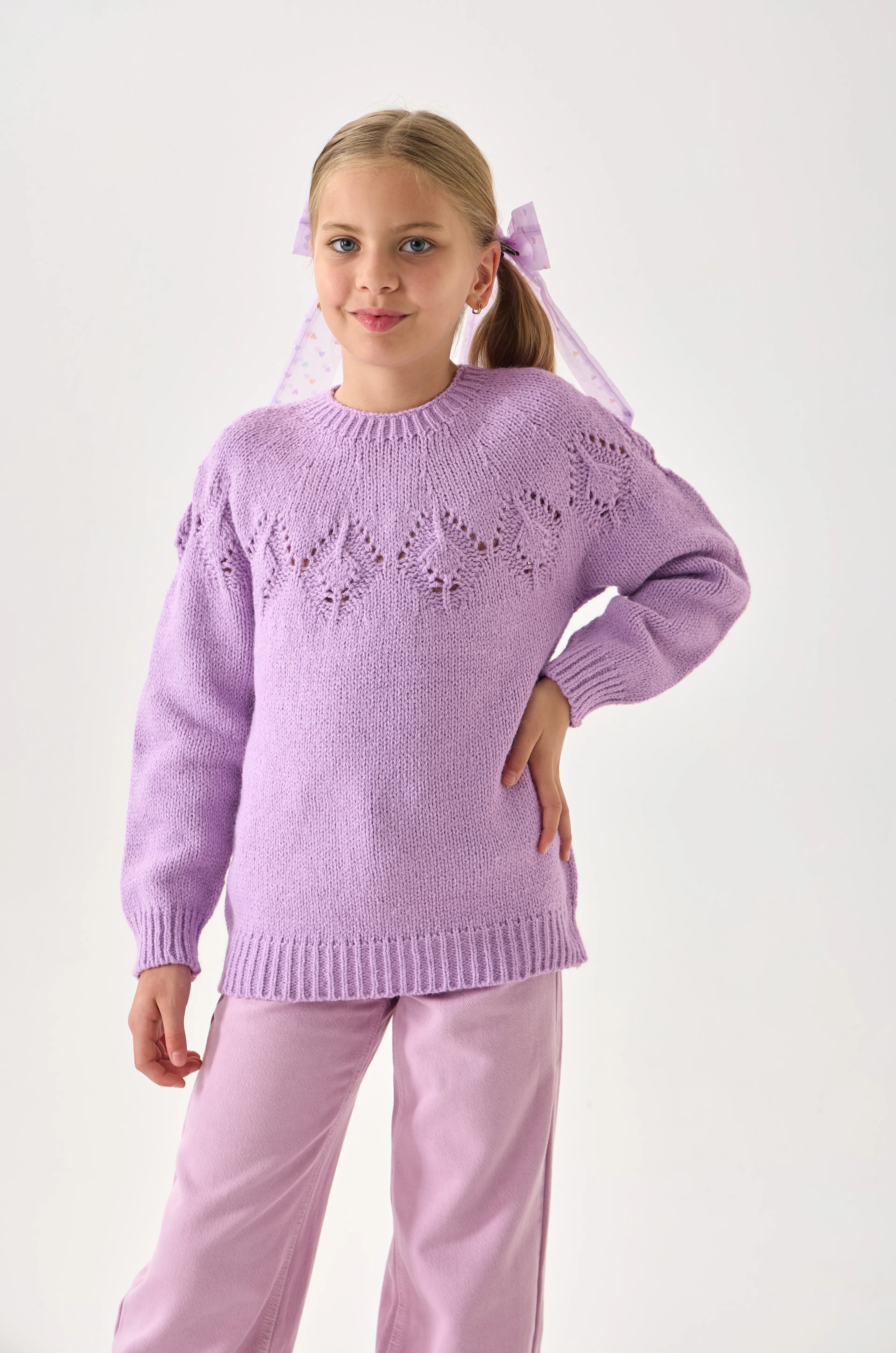 Kız Çocuk Triko Kazak - Bisiklet Yaka ve Uzun Kollu Günlük Model - Lila